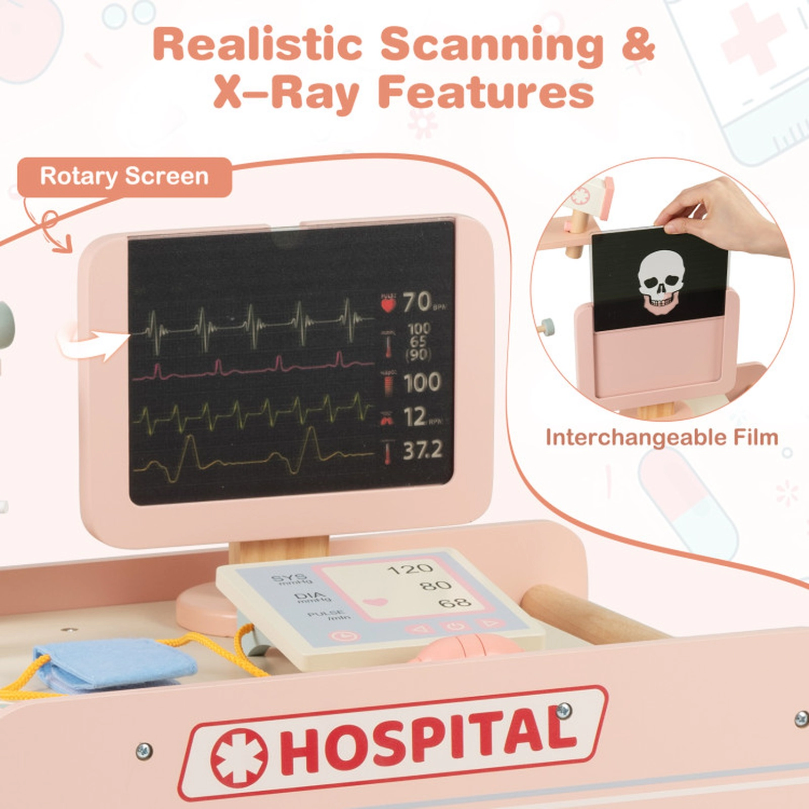 SUGIFT Pink Rolling Medical Cart and X-Ray Screen Kids Wooden Doctor Playset