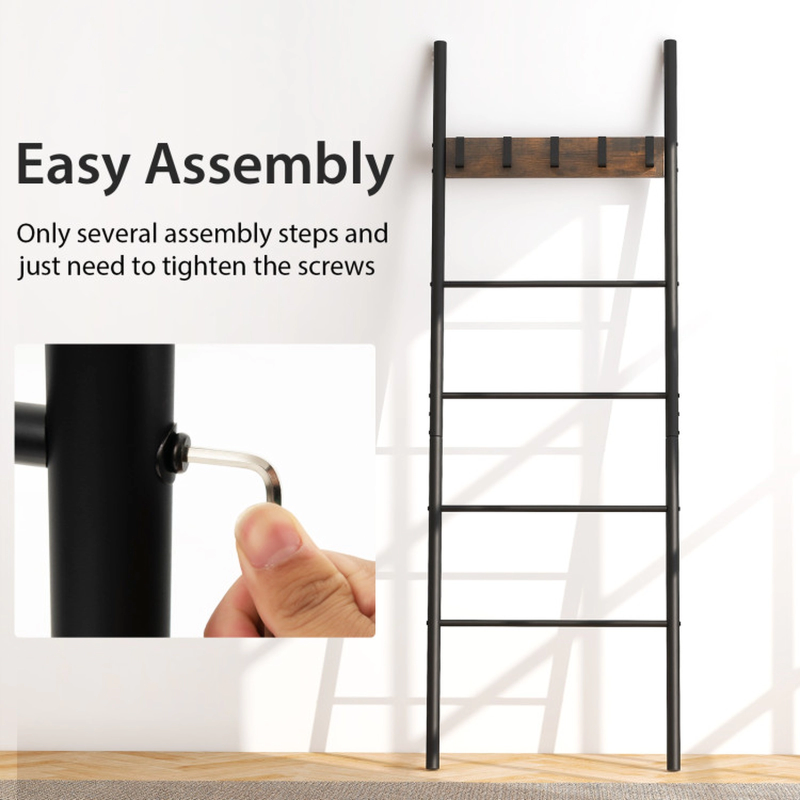 SUGIFT Wall-Leaning 4 Hanging Bars 5 Removable Hooks Blanket Ladder Rack 23.5-in x 70.5-in 45-lb Capacity Rustic Brown