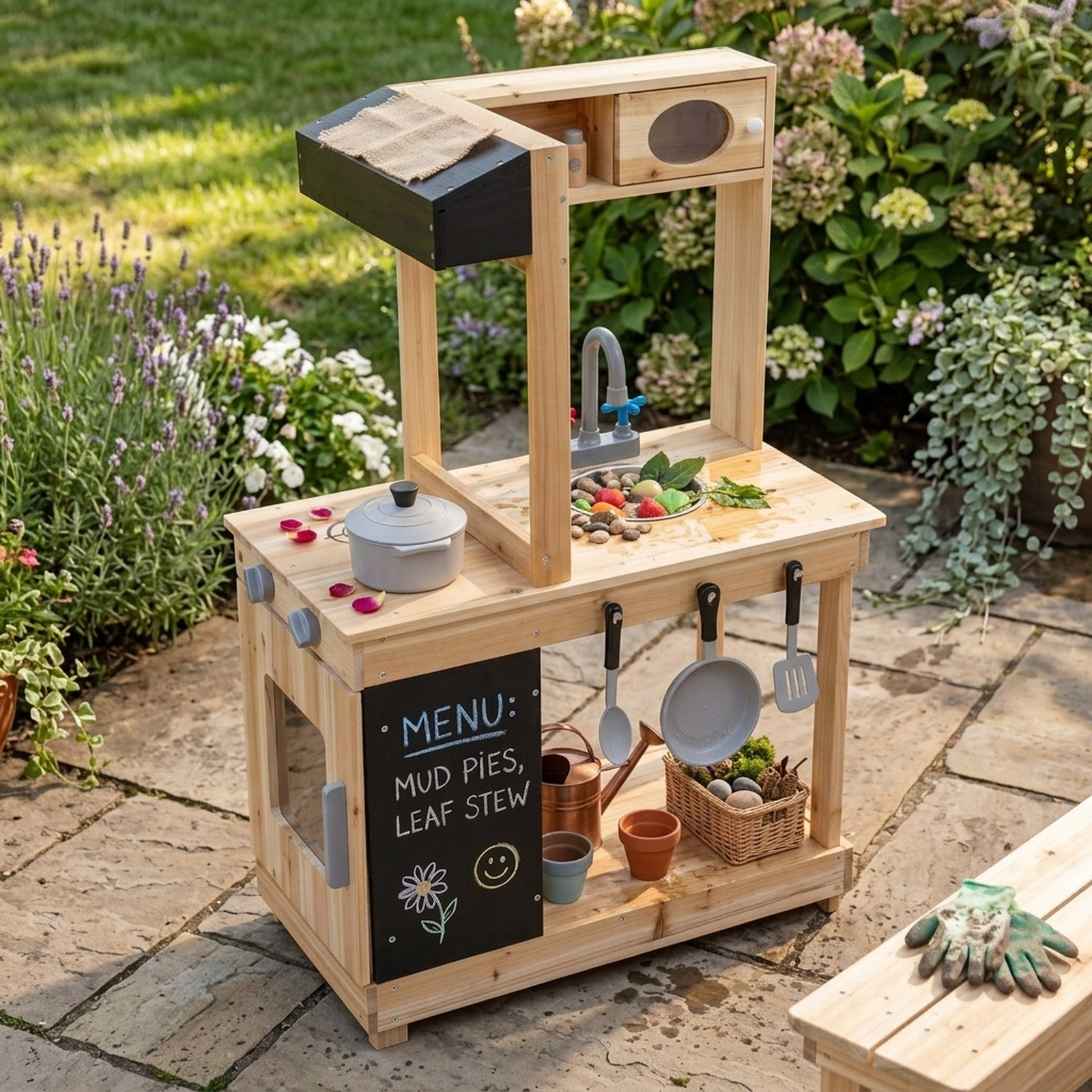 Outdoor Mud Kitchen for Kids with Chalkboard Stove Sink and 4 Storage Zones 23.5-in x 14-in x 38-in Fir Wood Natural