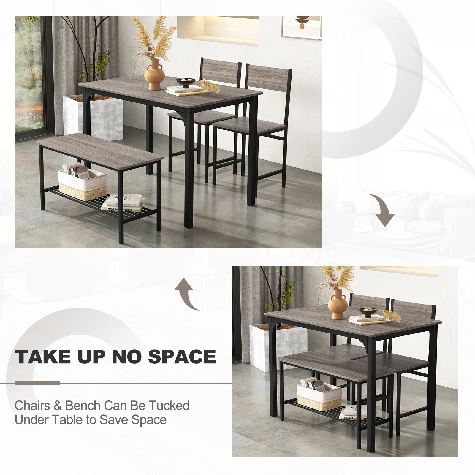 SUGIFT 4-Piece 43-Inch Dining Table Set, Rustic Brown, Bench, 2 Chairs, Storage Rack