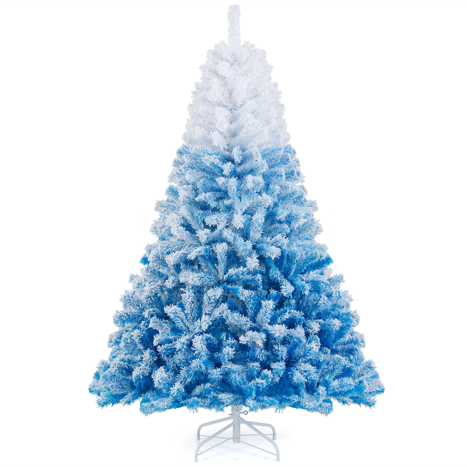 SUGIFT White and Blue Flocked Christmas Tree with Branch Tips and Folding Metal Stand