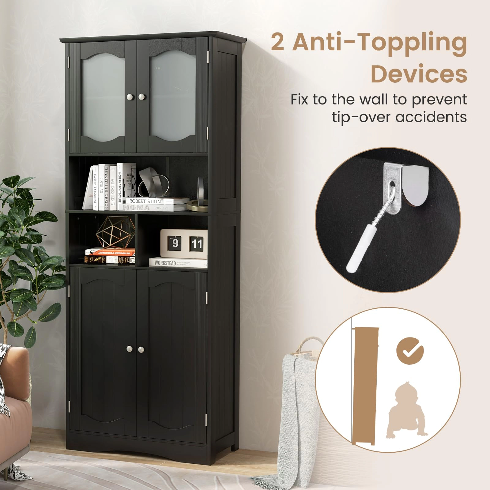 Glintex 58.5-Inch Linen Cabinet with Frosted Glass Doors and 3 Open Bays