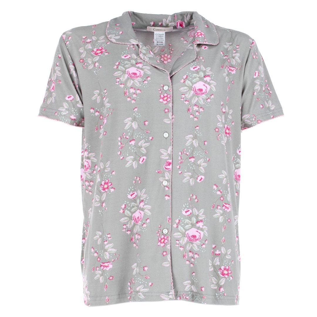 CTM Women's Floral Notched Collar Picot Pajama Set