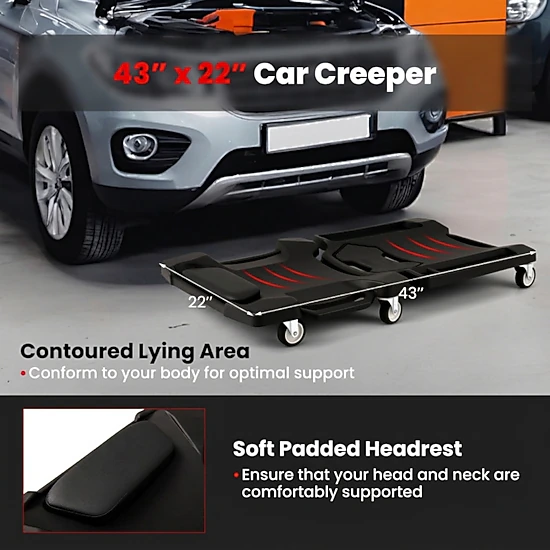 SUGIFT 43-in 350-lb Capacity Foldable Low Profile Rolling Mechanic Creeper with Padded Headrest and Tool Trays