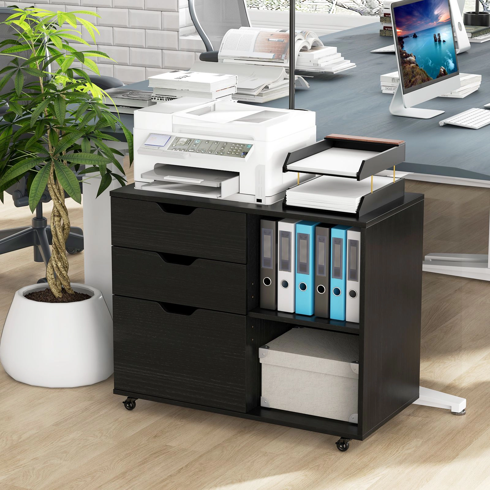 SlickBlue 3-Drawer Mobile File Cabinet with Adjustable Shelf & Printer Stand