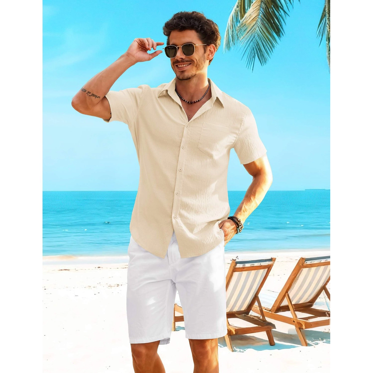 COOFANDY Mens  Short Sleeve Button Down Shirts Lapel Collar Casual Loose Tops