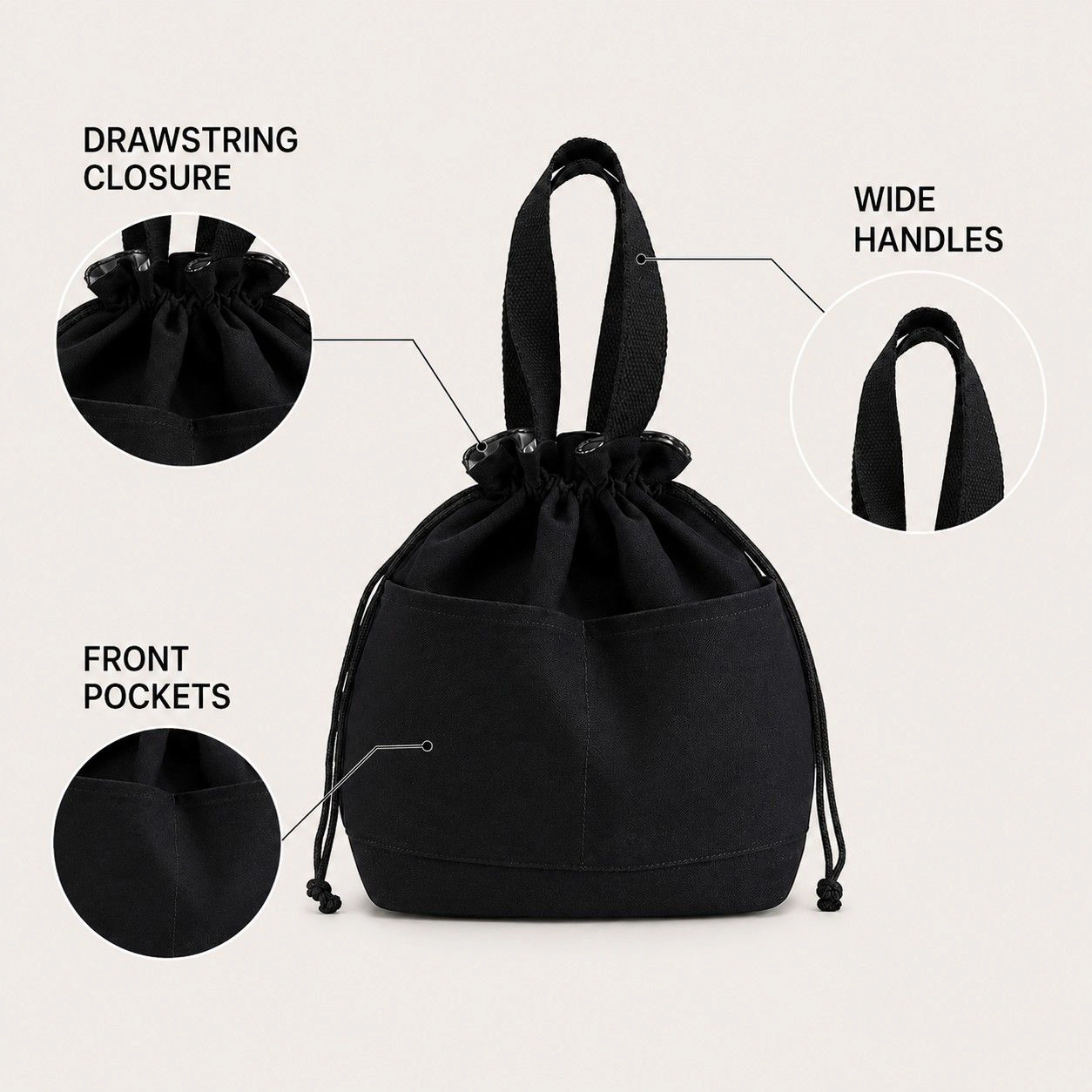 Alilang Women's Insulated Drawstring Lunch Bag with Front Pockets Reusable Tote, Black