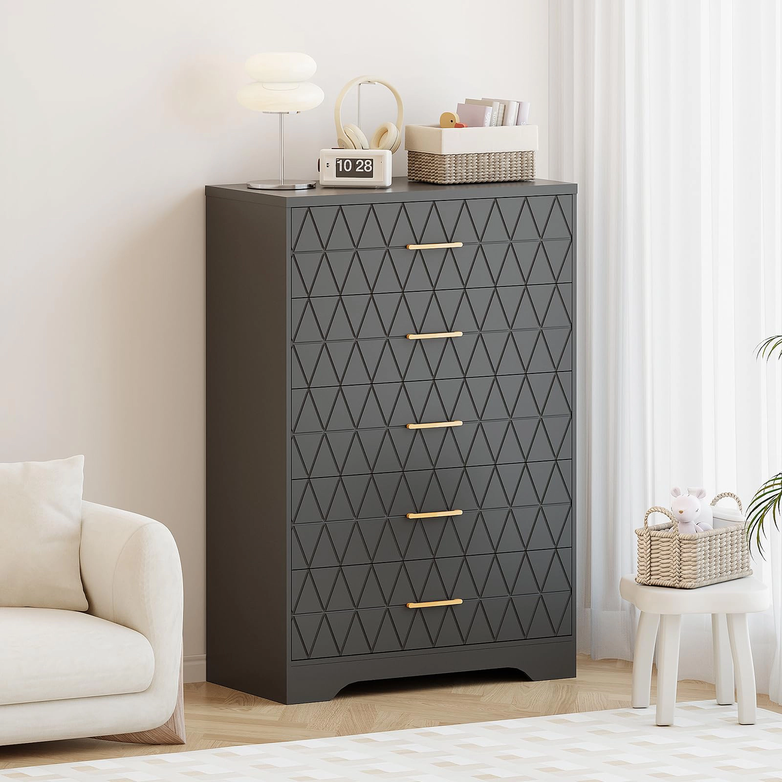 Tall Wooden 5 Drawer Dresser, Modern Chest with Gold Handles for Bedroom, Living Room, Hallway