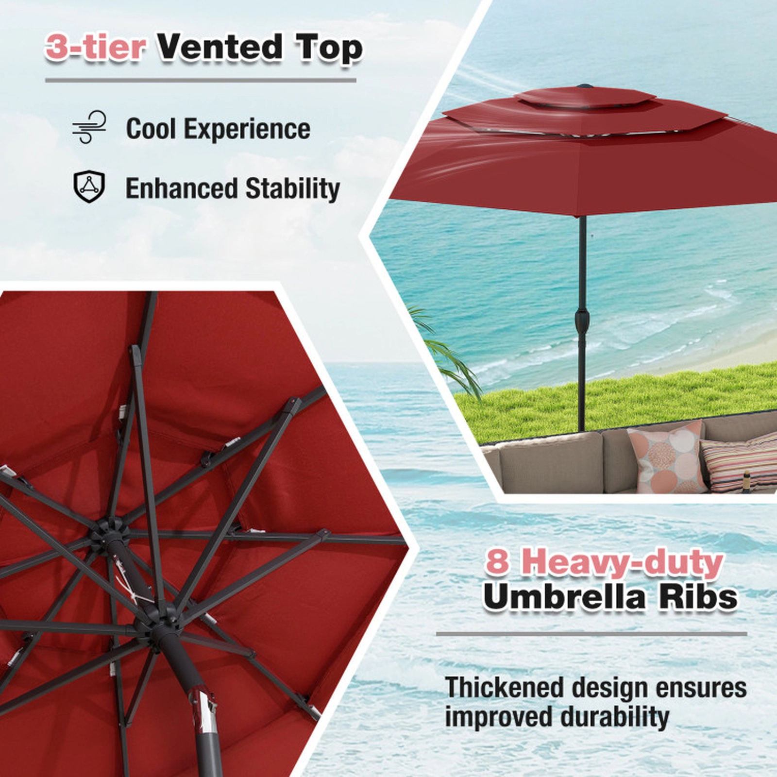 SUGIFT 10-ft Red Round Market Patio Umbrella with 3-Tier Vented Canopy Push Button Tilt and Crank Lift