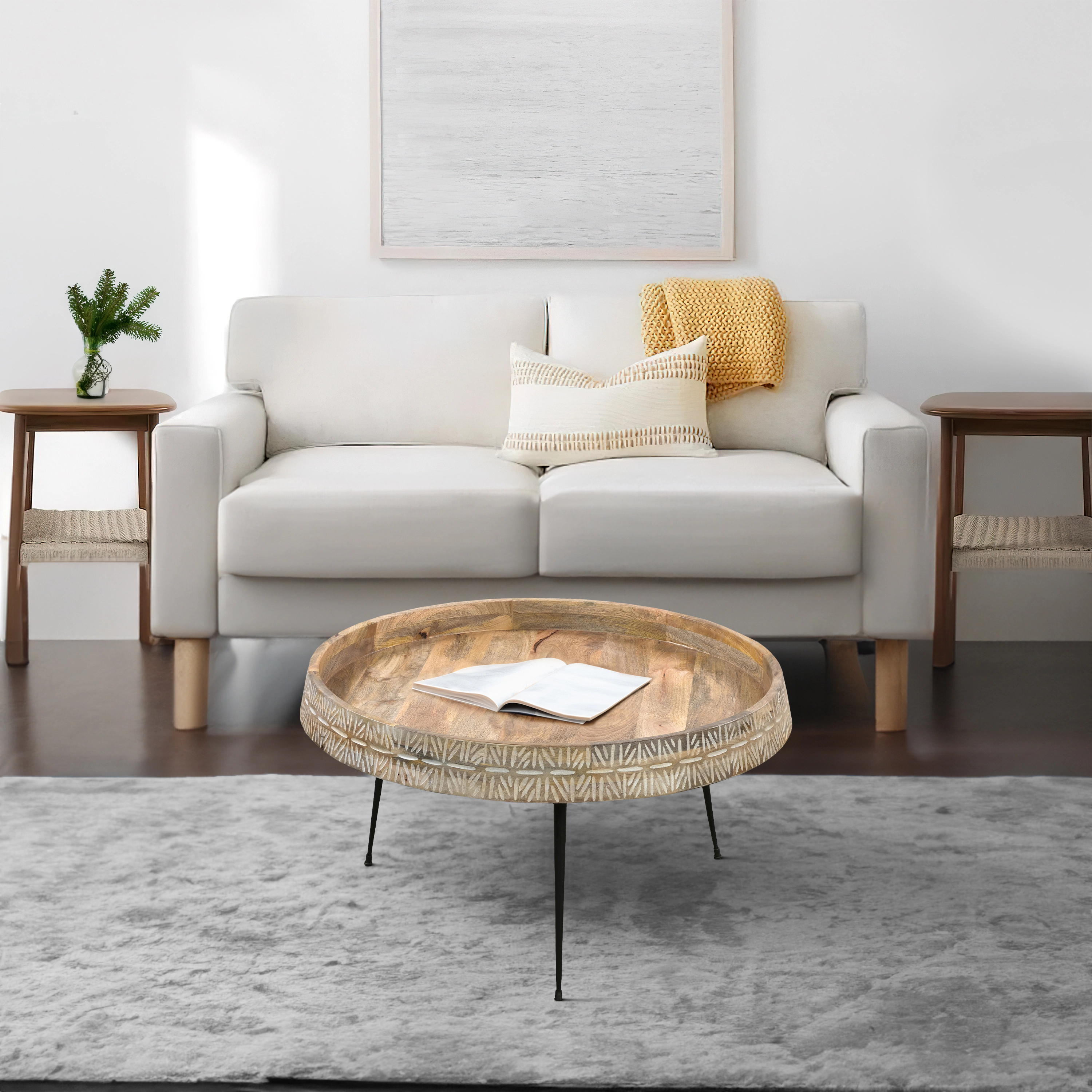 The Urban Port Gia 29 Inch Modern Handcrafted Round Coffee Table, Natural Brown Wood with Carved Edge, Black Iron Legs
