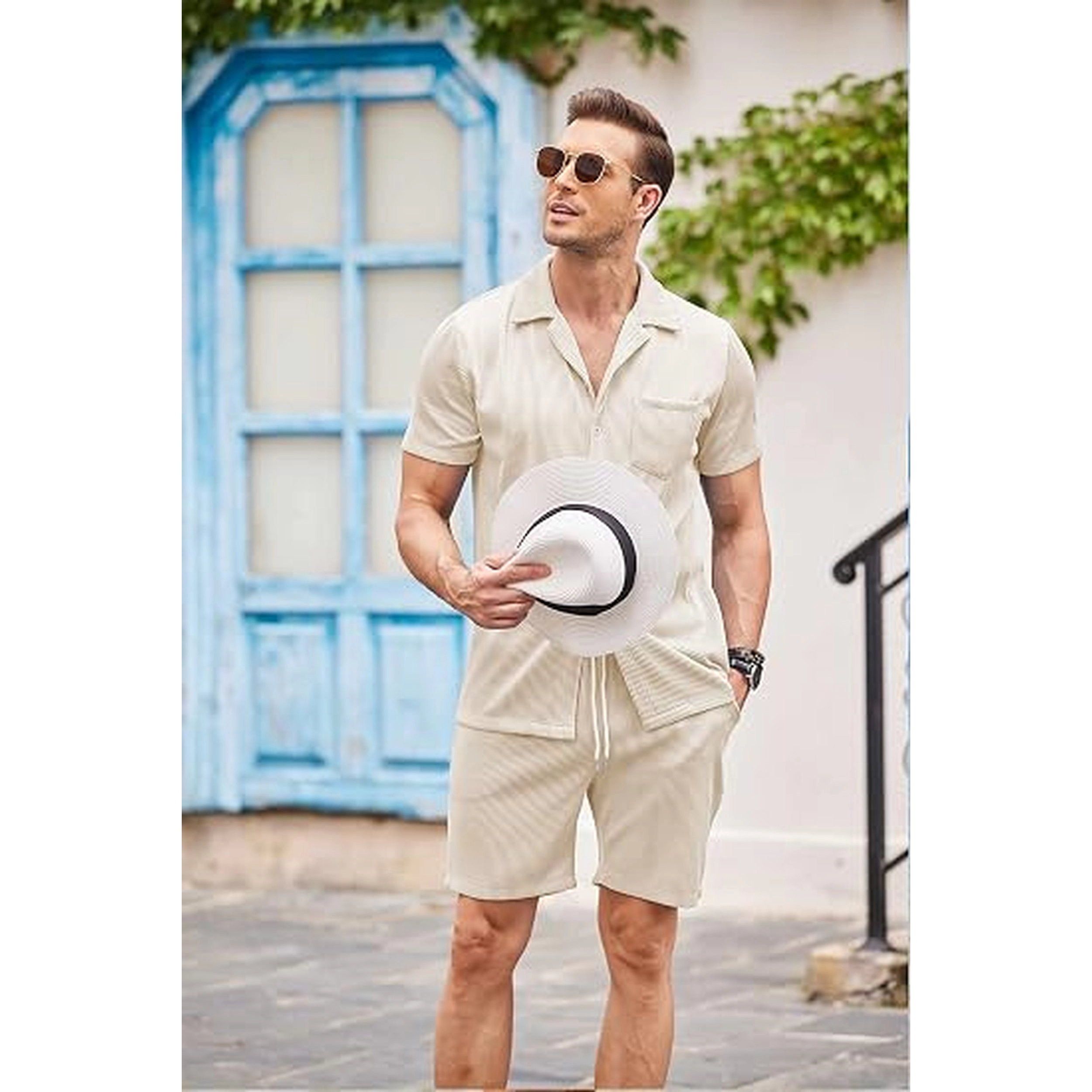 COOFANDY Men's Regular Fit Short Sleeve Button Down Shirt and Drawstring Shorts Two Piece Set