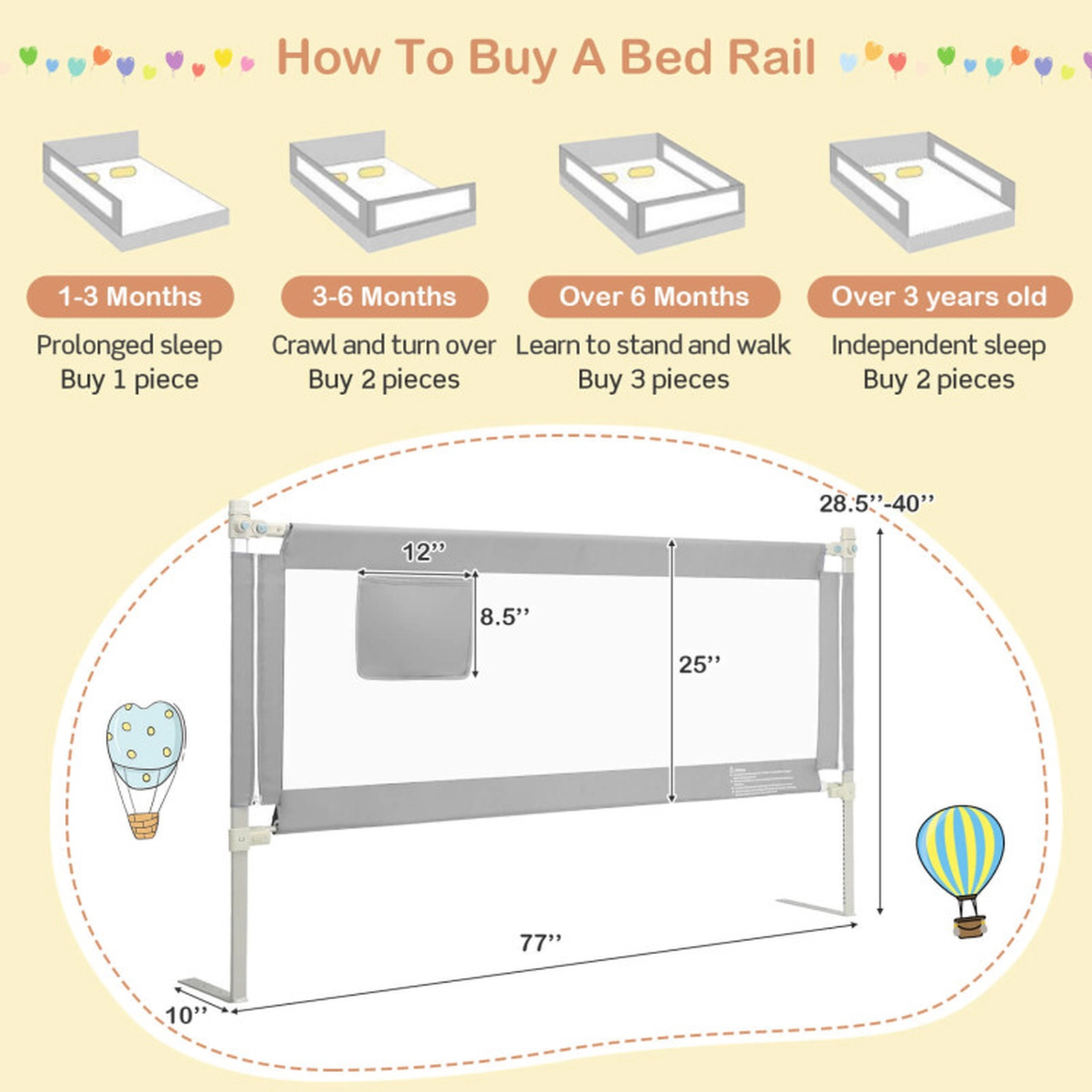 SUGIFT Toddler Vertical Lifting Double Safety Lock 24-Level Adjustable Baby Bed Rail 76.8-in x 9.6-in x 28.5-in Gray