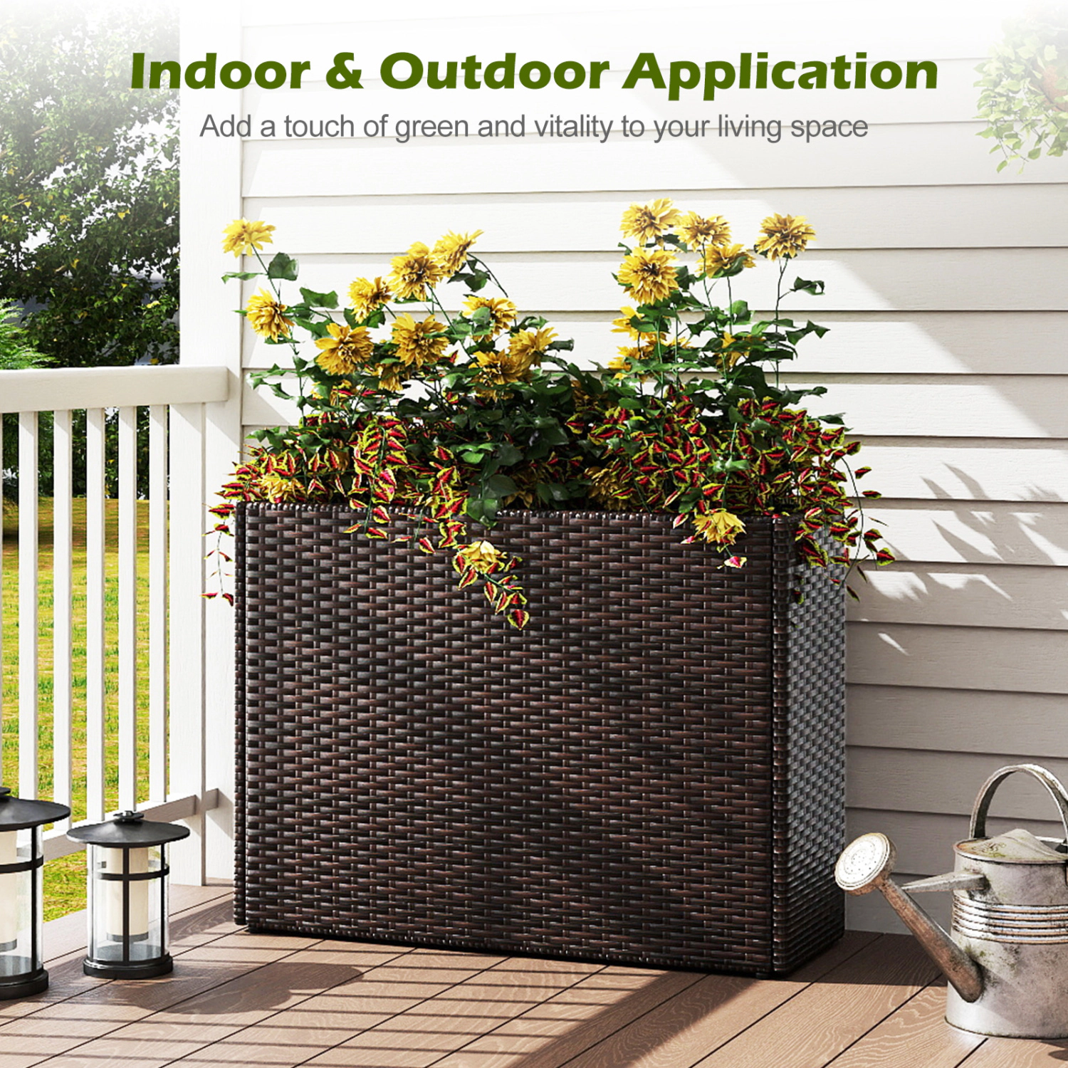 LJG 24 Inch Tall Raised Garden Bed All-Weather PE Rattan Wicker Flowerpot with Liner
