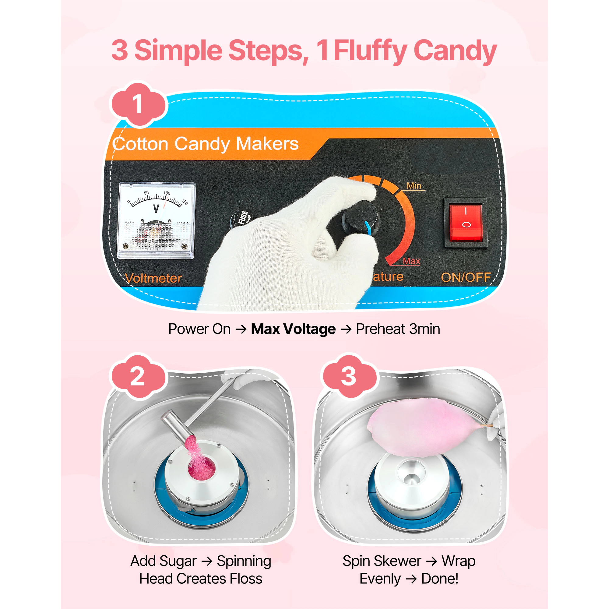 HONGGE Cotton Candy Machine Commercial 1000W Electric Floss Maker Easy Use with 15 inch Stainless Steel Bowl and
