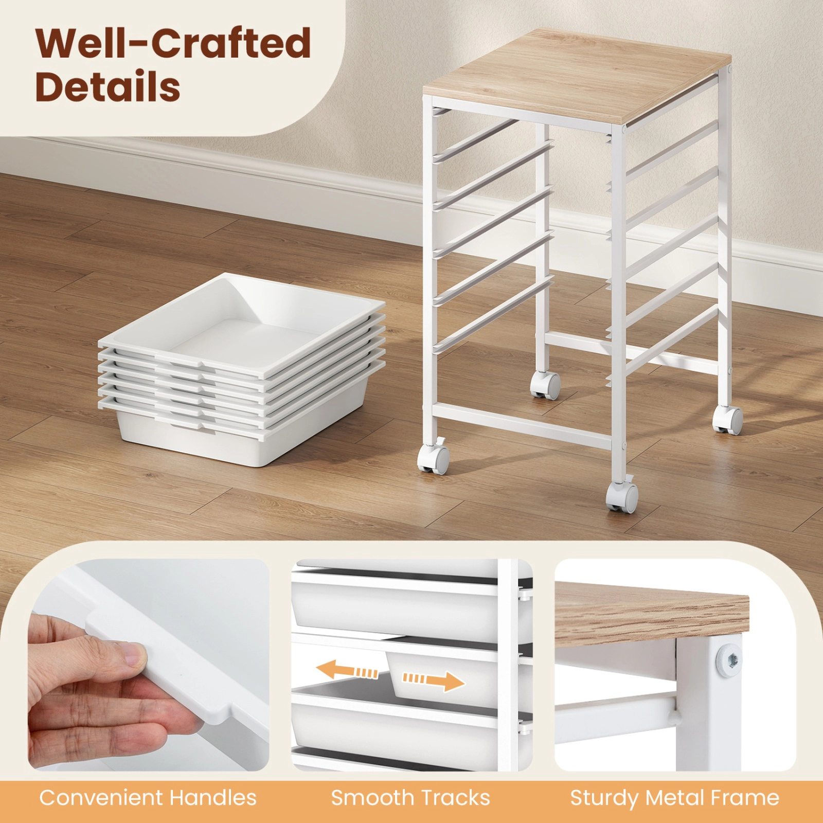 SUGIFT 6-Drawer Rolling Storage Cart with MDF Wooden Tabletop 35-lb Capacity Natural + White