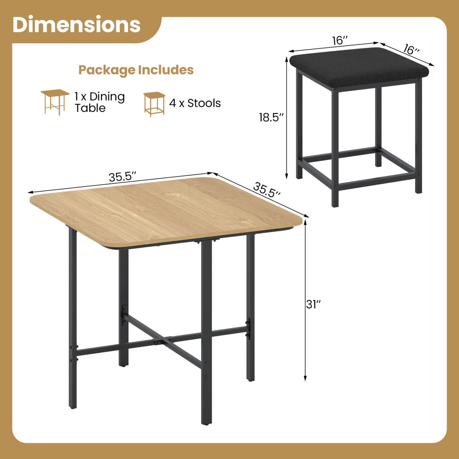 LJG Dining Table Set with 4 Upholstered Stools and Metal Frame