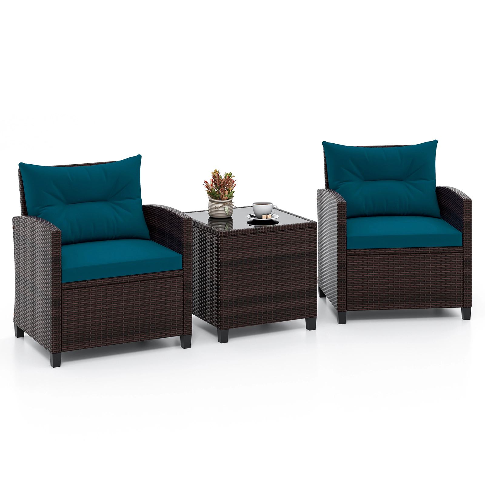 SUGIFT 3-Piece Rattan Patio Conversation Set with Steel Frame 360-lb Chair Capacity 26.5-in Chairs Peacock Blue