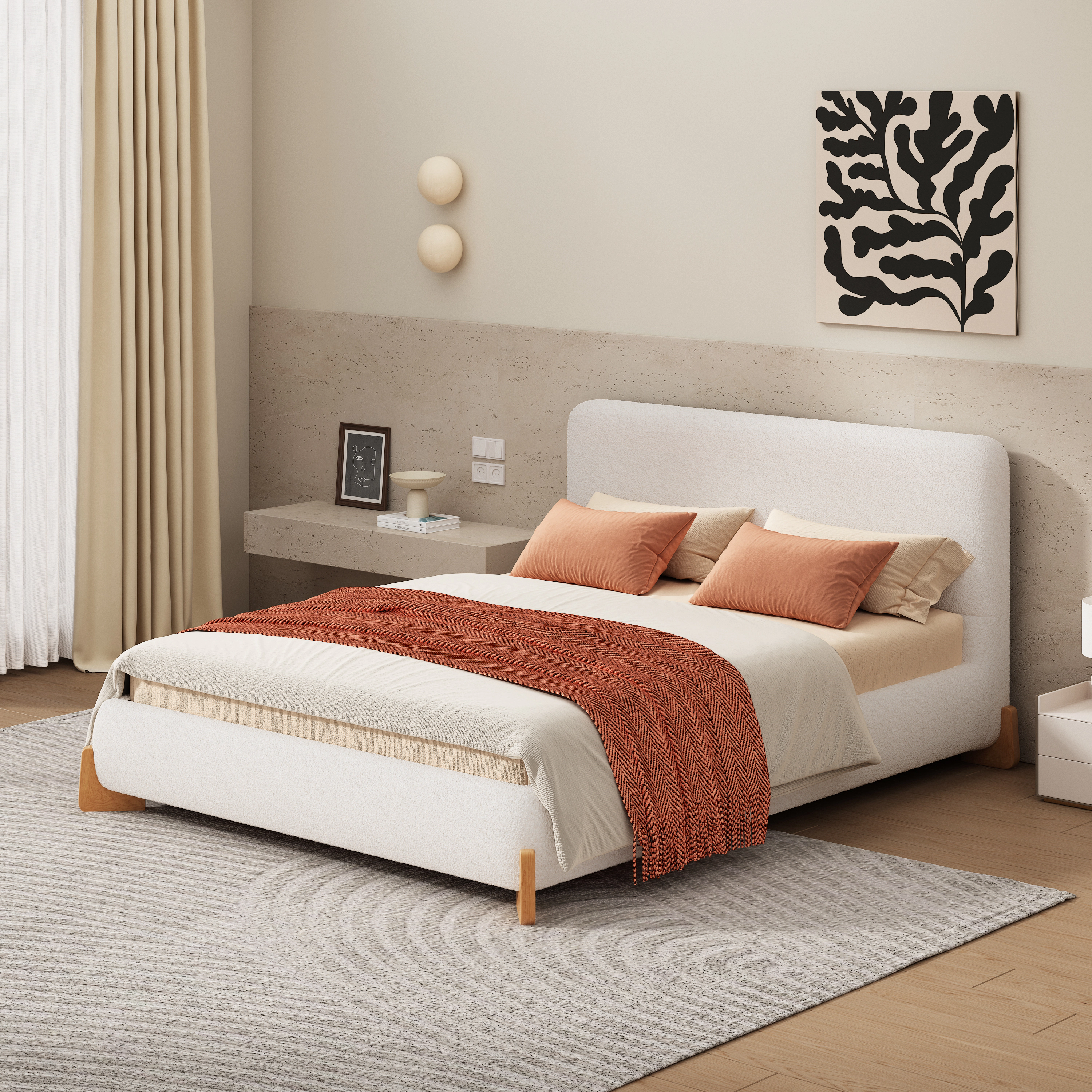 Flynama Full Boucle Upholstered Bed, Luxurious Comfortable Bedroom Centerpiece, White