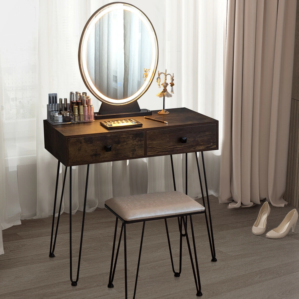 SUGIFT Industrial Makeup Dressing Table with 3 Lighting Modes Vanity and Stool 220-Lb Capacity Rustic Brown