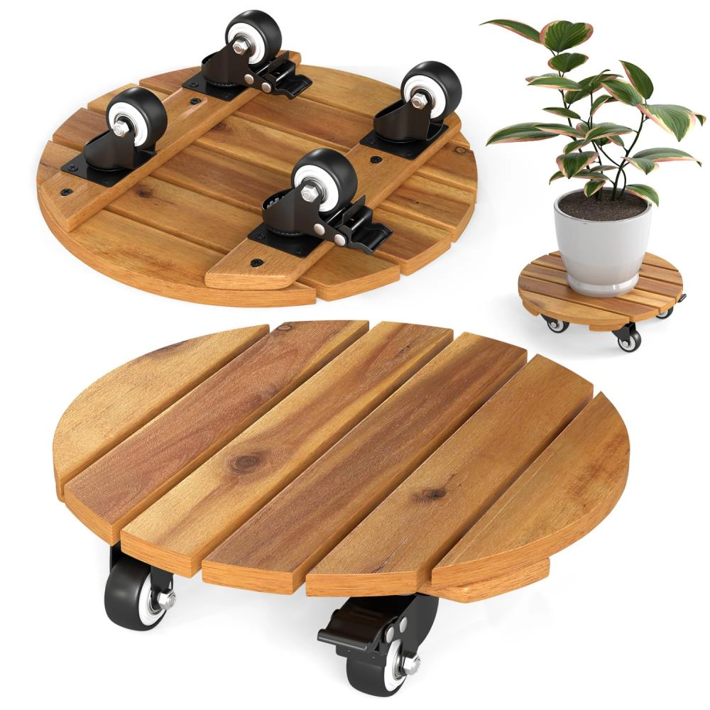 Hivvago Heavy Duty Acacia Wood Rolling Plant Stand with 360° Lockable Casters