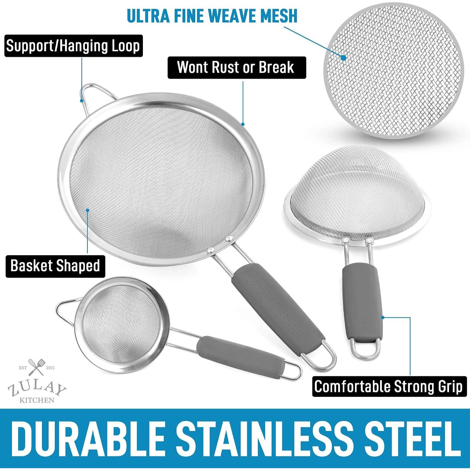 Zulay Kitchen Premium Stainless Steel Fine Mesh Strainer Set - Strainers For Kitchen (Set of 3) with Non-Slip Handles