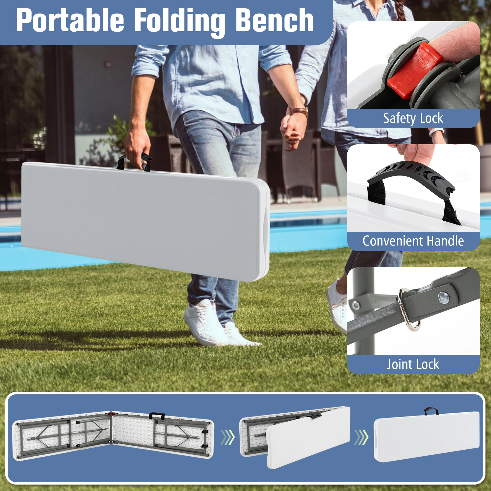 SUGIFT 6-Ft White and Gray Folding Bench, 660-Lb Capacity, Portable HDPE Seat