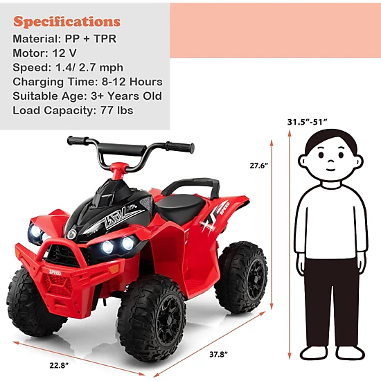 Costway 12V Ride On ATV Battery Powered Electric Vehicle for Kids