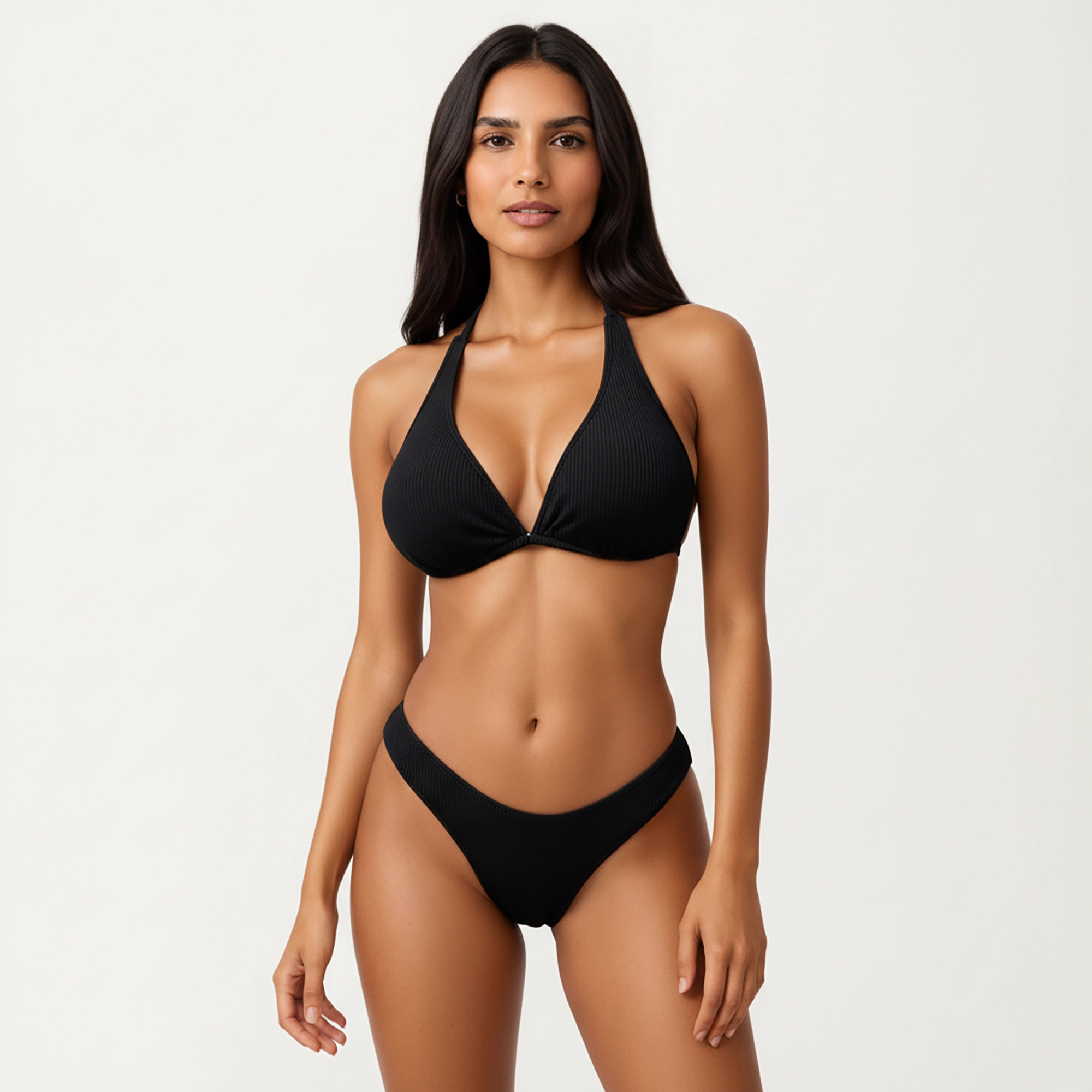 Anna-Kaci Women's 2-Piece Ribbed Triangle Bikini Set with Halter Top and High Cut Bottom