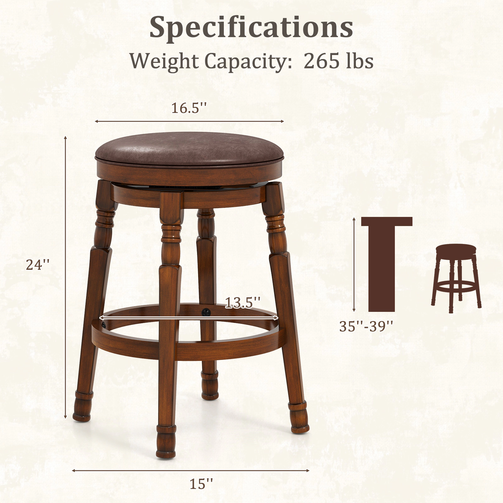 SUGIFT Round Padded Leather Seat Set of 2 Walnut 24 in Swivel Backless Bar Stools