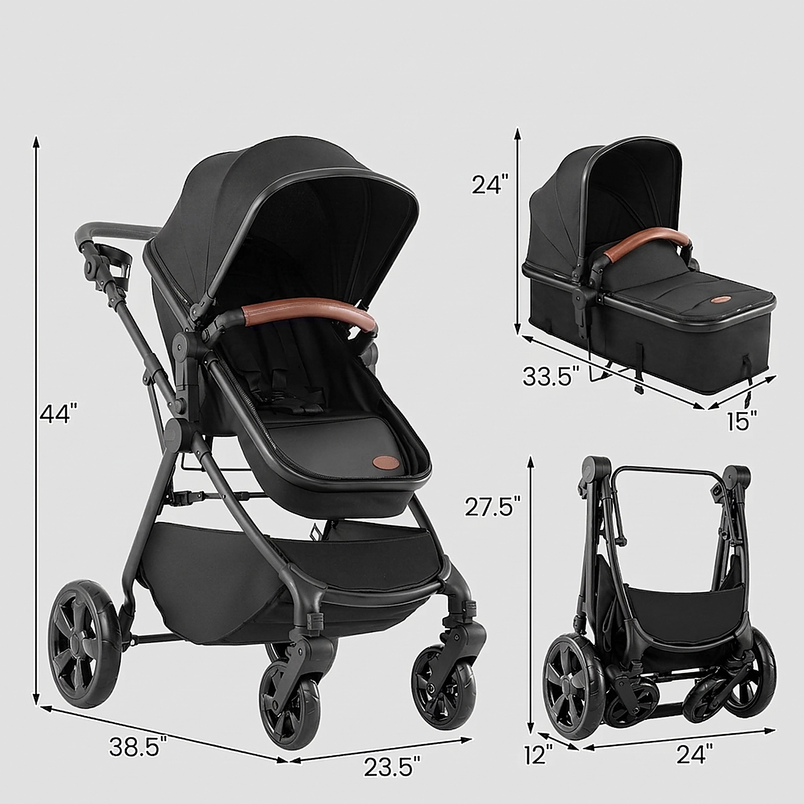 SUGIFT Black 33-lb Capacity 2-in-1 High Landscape Convertible Baby Stroller with Car Seat Adapters