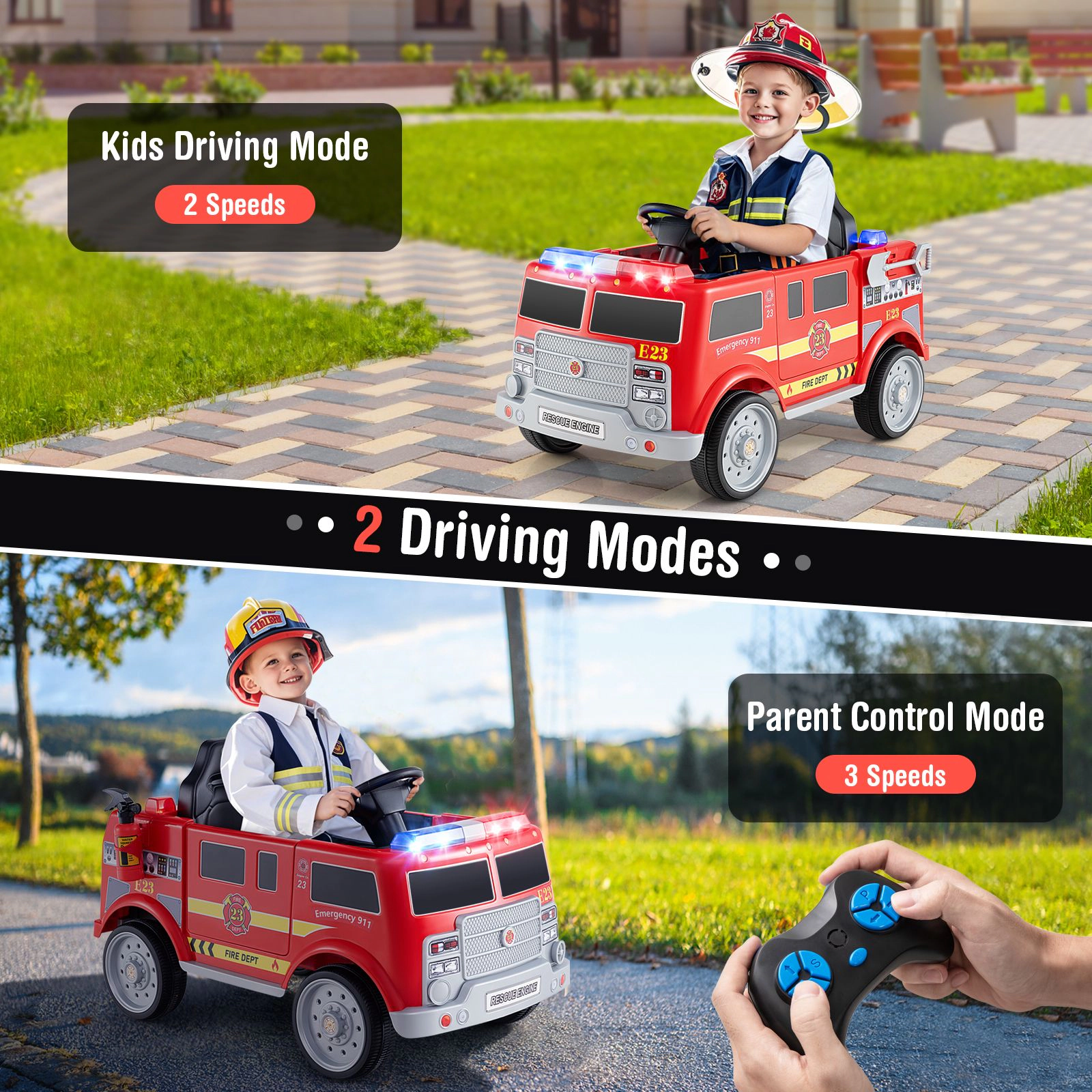 SlickBlue Electric Fire Truck Toy Car with Music, Storage Compartment, and Safety Belt