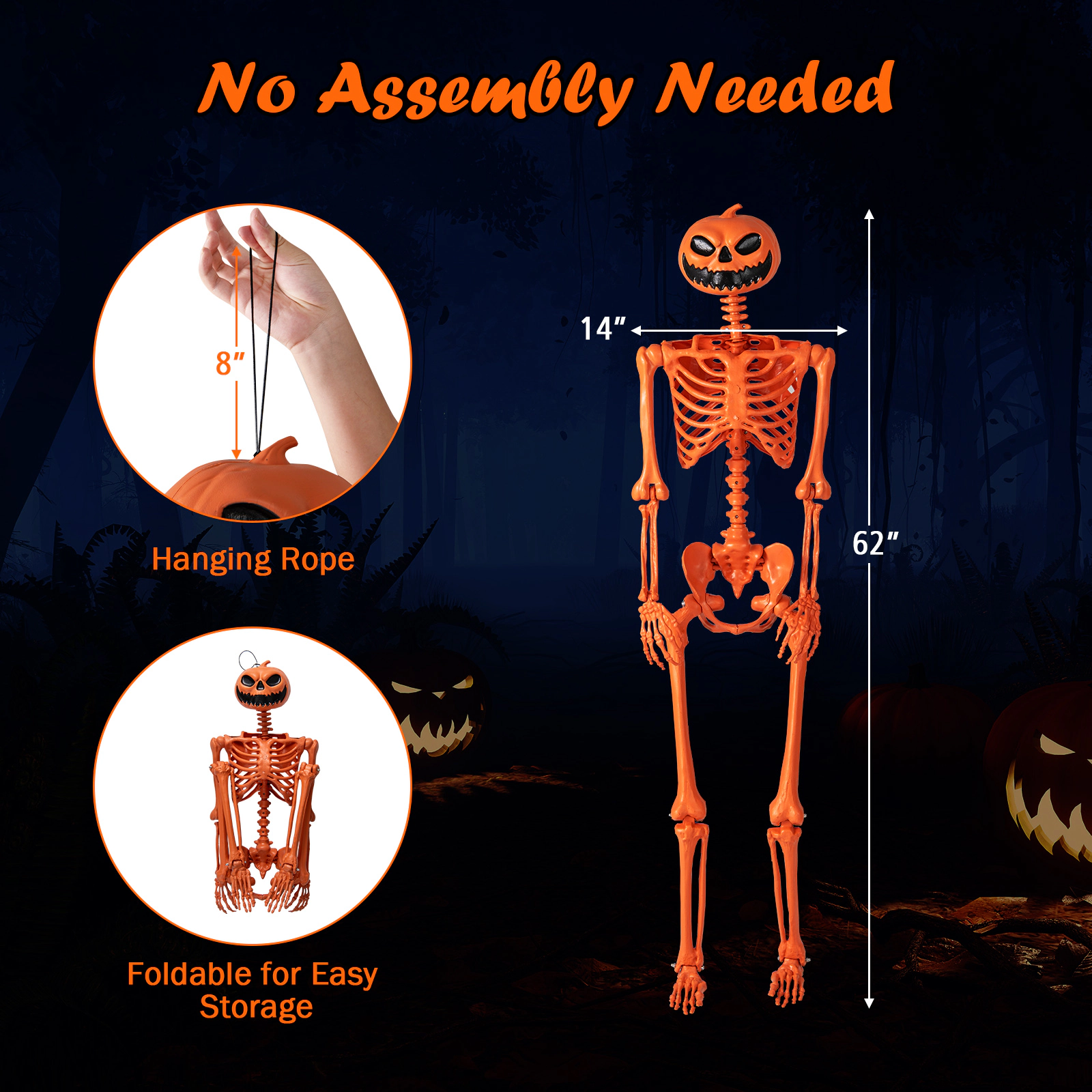 LJG 5.2 FT Orange Life-Size Poseable Halloween Skeleton with Pumpkin Head and Movable Joints