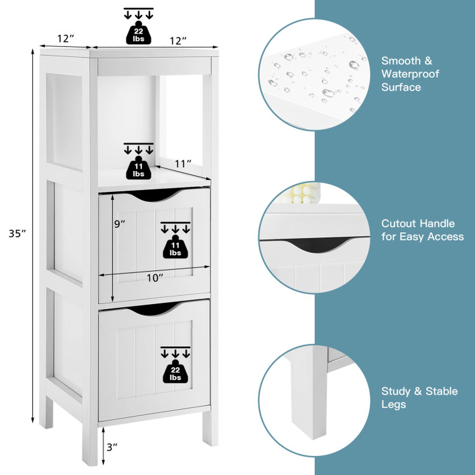 SUGIFT 4-Tier Storage Cabinet with 2 Removable Drawers 22-lb Top and Bottom Shelves 11-lb Middle Shelf 35-in Tall
