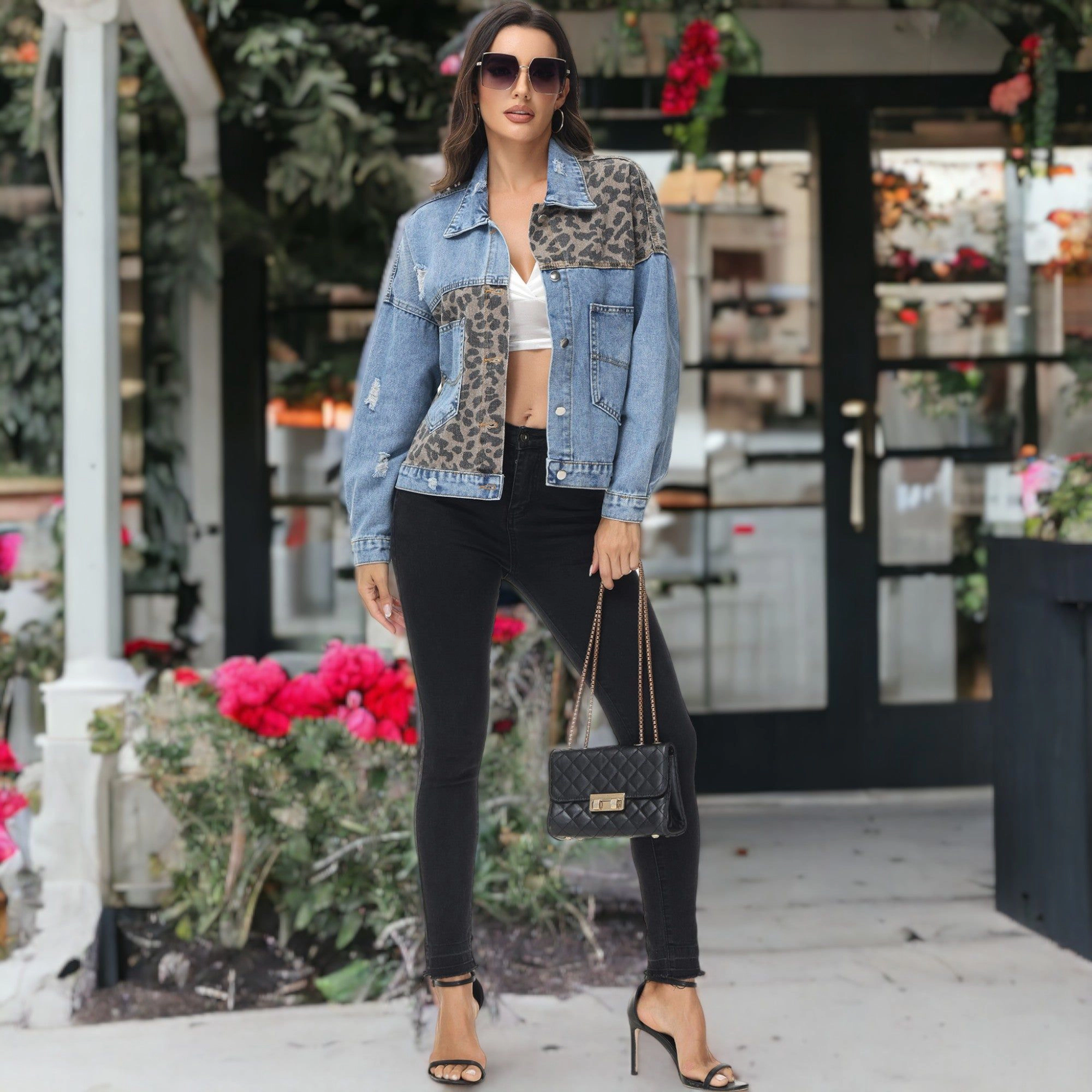Anna-Kaci Women's Leopard Print Long Sleeve Crop Denim Jacket