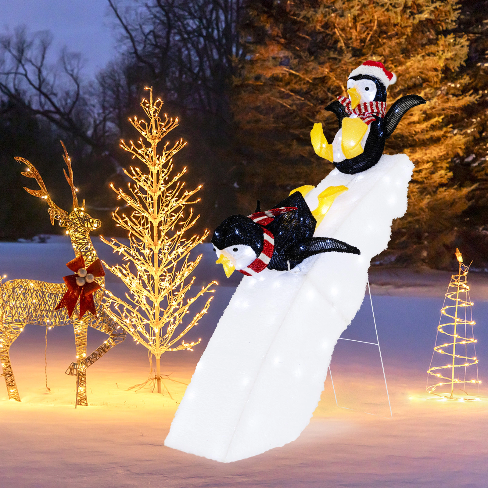 SUGIFT Lighted Black and White Christmas Penguin Yard Decoration with Snowy Slide and 130 LED Lights 3-ft W 4-ft H