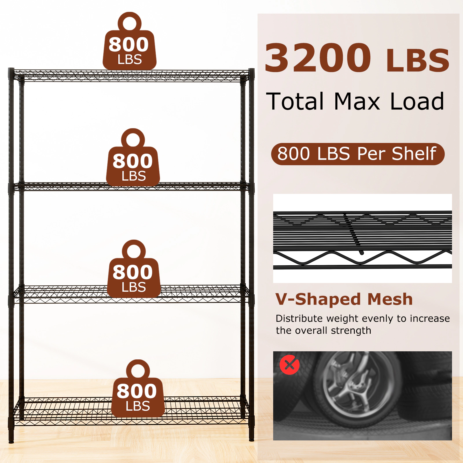 LJG Set of 2 4-Tier Metal Storage Shelving Unit with V-Shaped Wire Rack