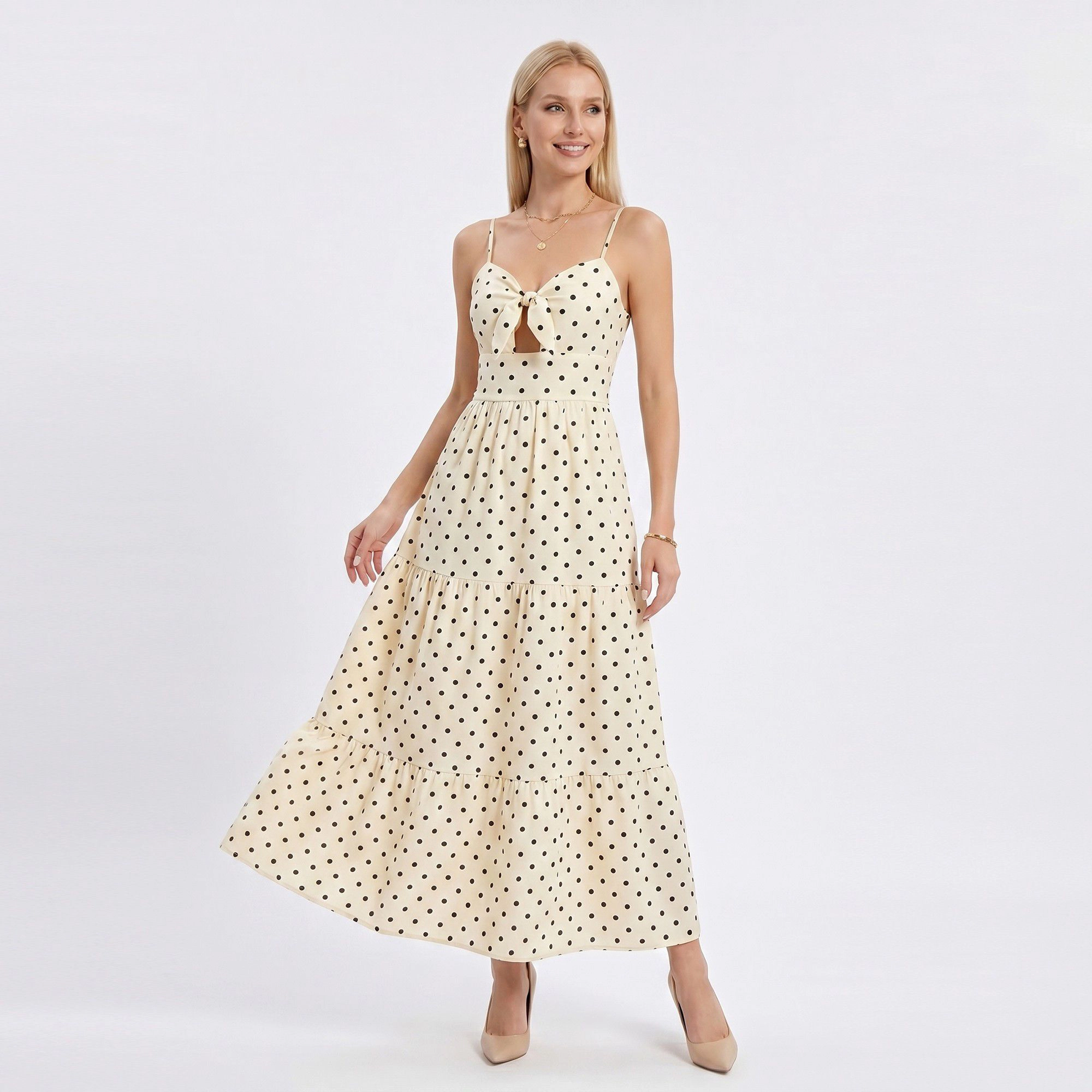Anna-Kaci Women's Polka Dot Maxi Dress with Tie Front Cutout and Tiered Skirt
