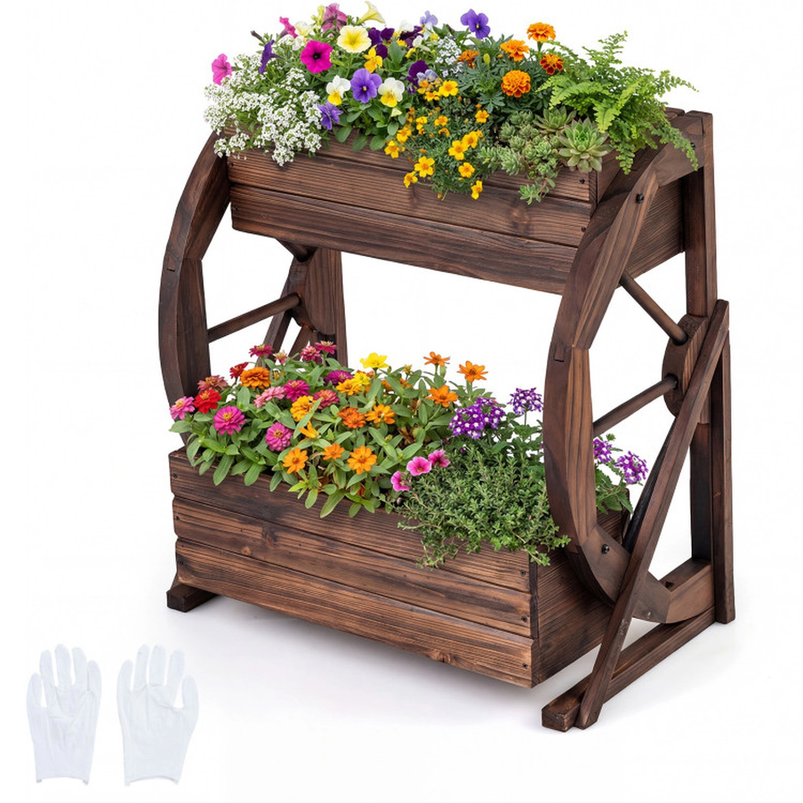 SUGIFT 2-Tier 22-lb Per-Tier Coffee Fir Wood Wagon Raised Garden Bed with Semi-Wheels and Drainage Hole