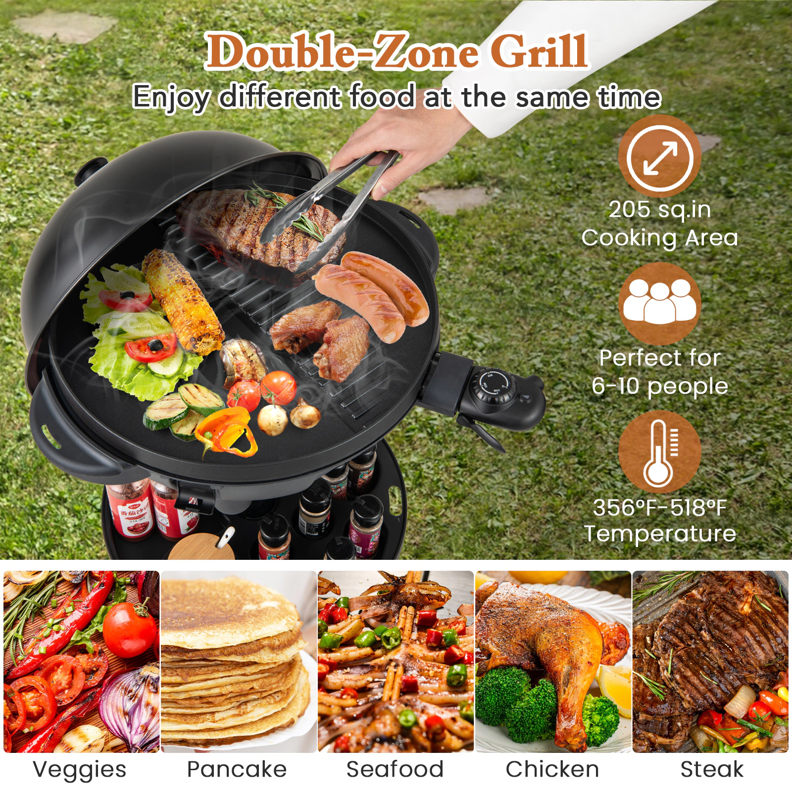 SUGIFT 1200W Black 2-Zone Electric Grill with Removable Stand 205-sq-in Cooking Area 25-in W 40-in H