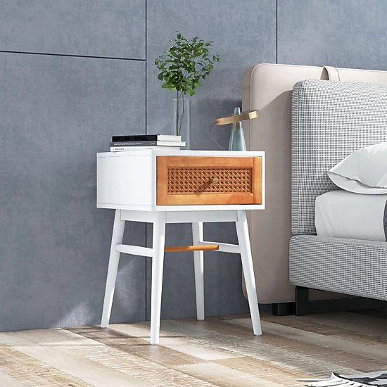 LJG 1-Drawer Modern Bedside Table with Solid Wood Legs, Color: White ...