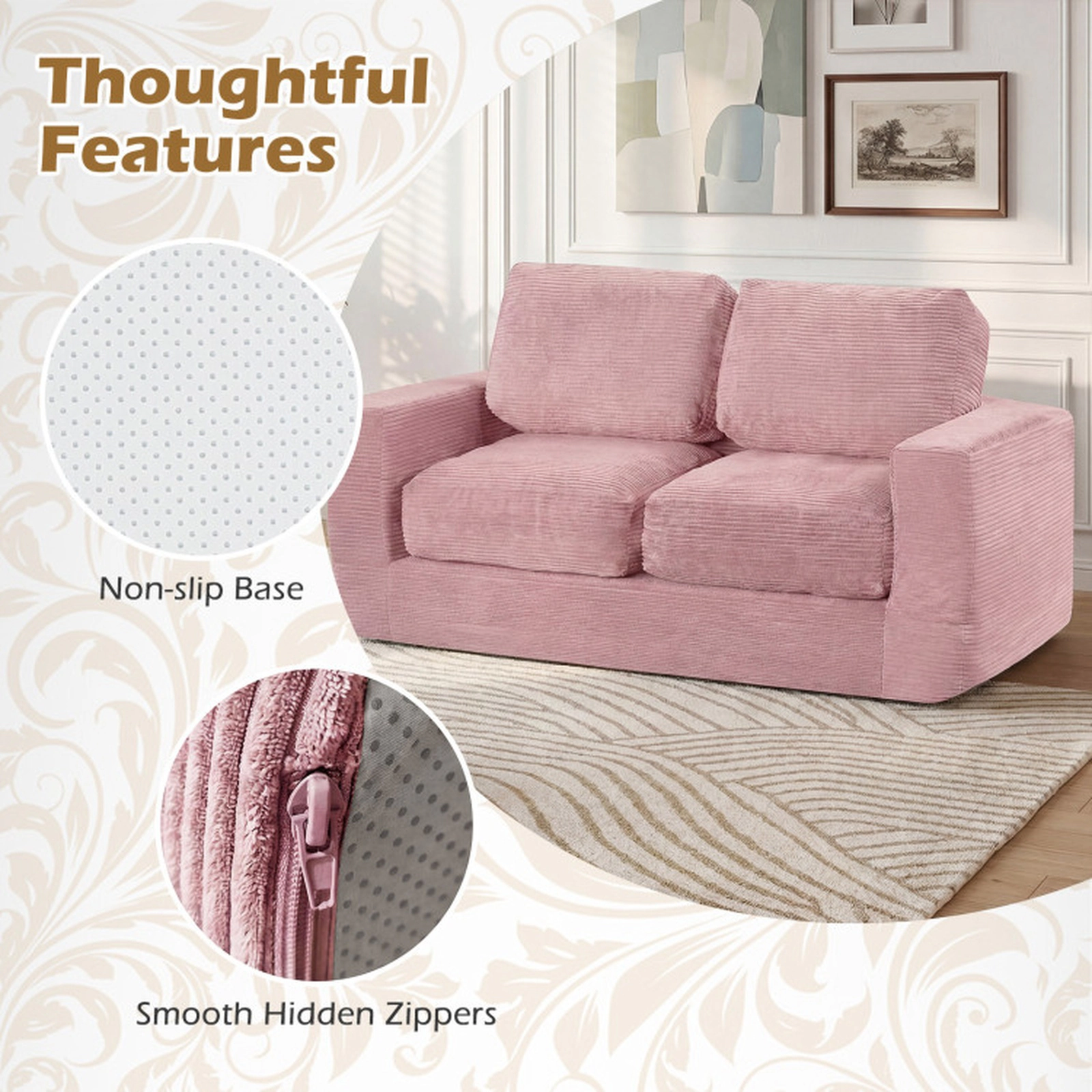 SUGIFT 2-Seater Floor Couch Loveseat Foam Sofa with Removable Corduroy Cover 660-lb Capacity 62-in Frame Pink