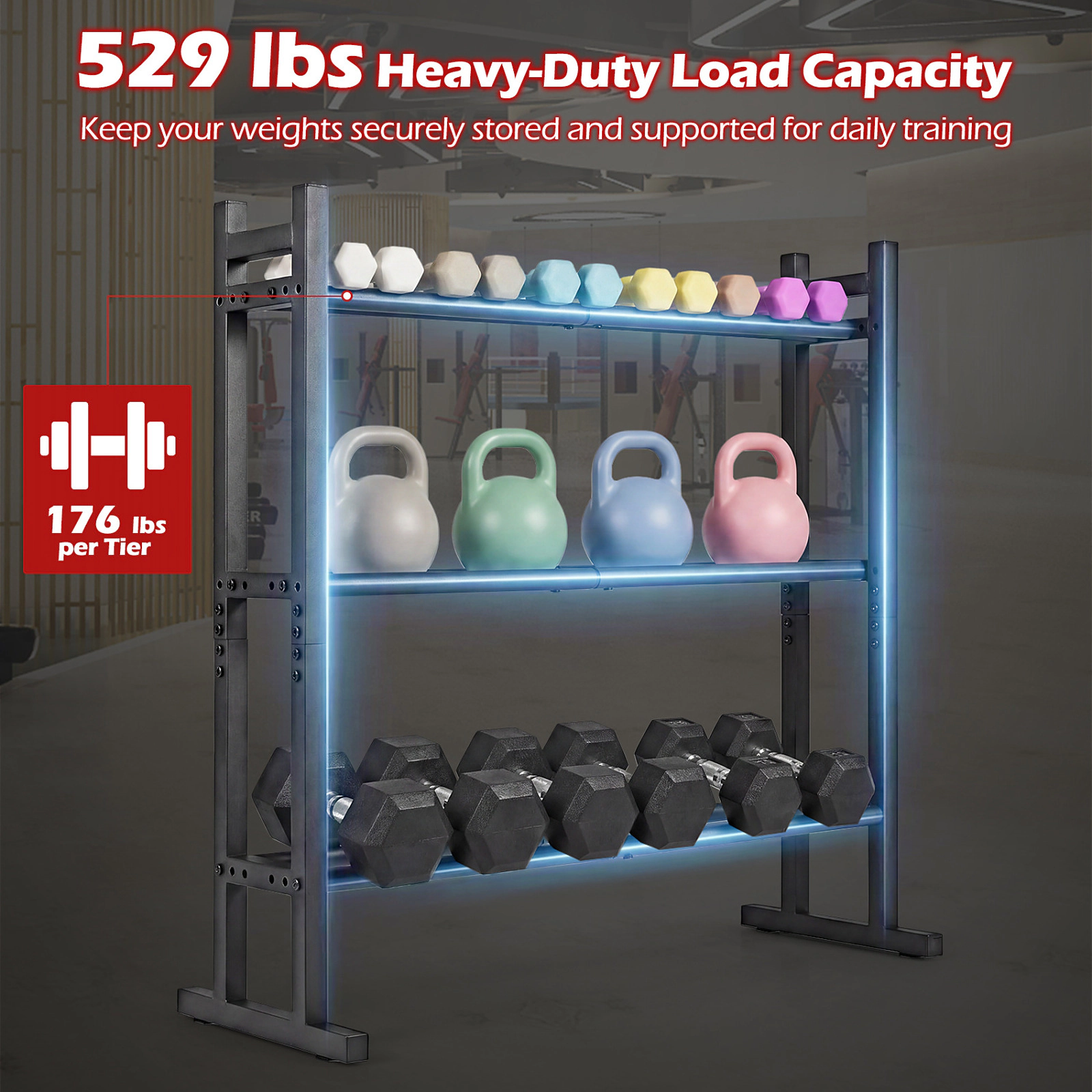 SUGIFT 3-Tier Black Dumbbell Rack with Adjustable Spacing 31.5-in W 12-in D 31.5-in H 529-lb Total Capacity