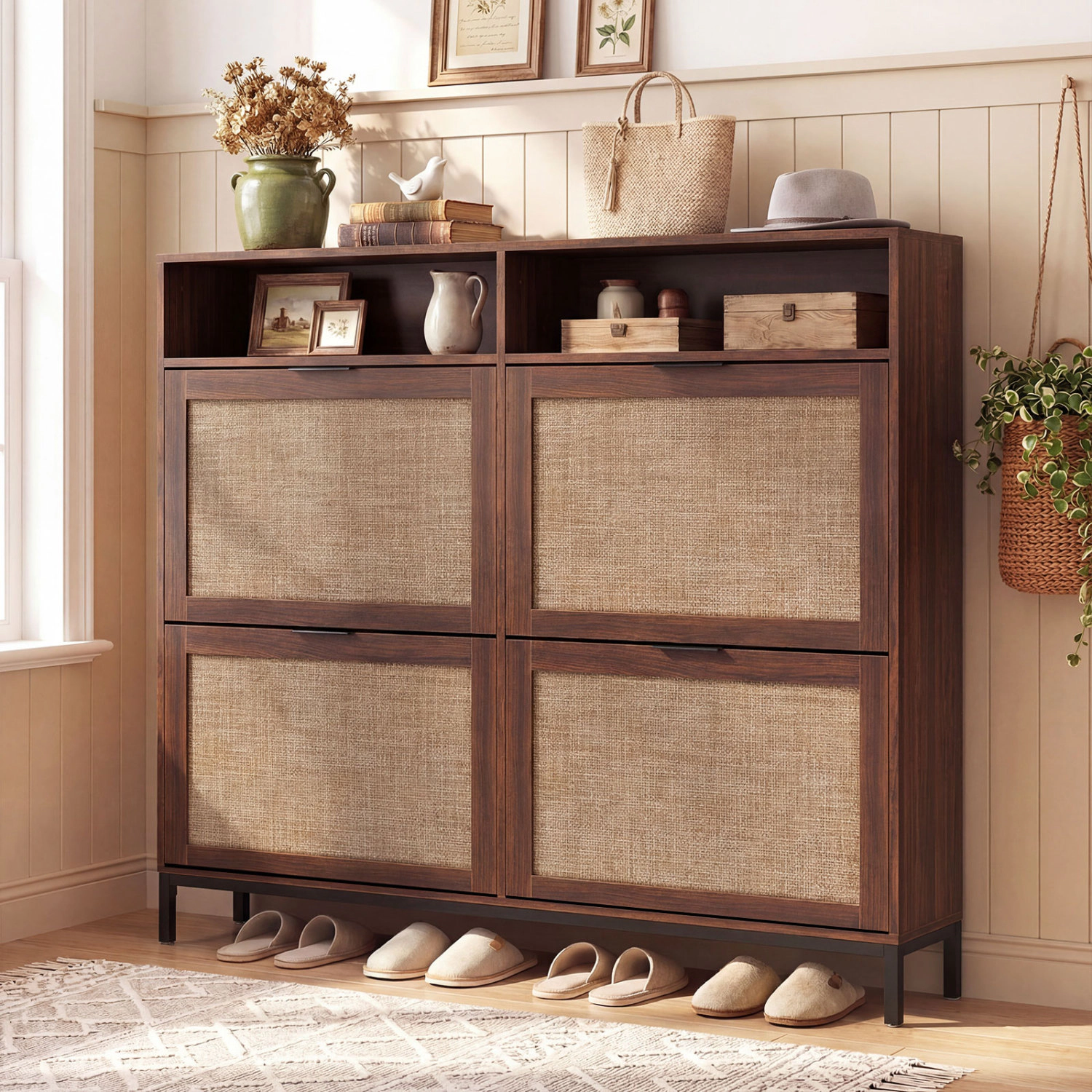 LJG Shoe Storage Cabinet with 4 Flip Drawers Narrow Freestanding Organizer Adjustable Shelves