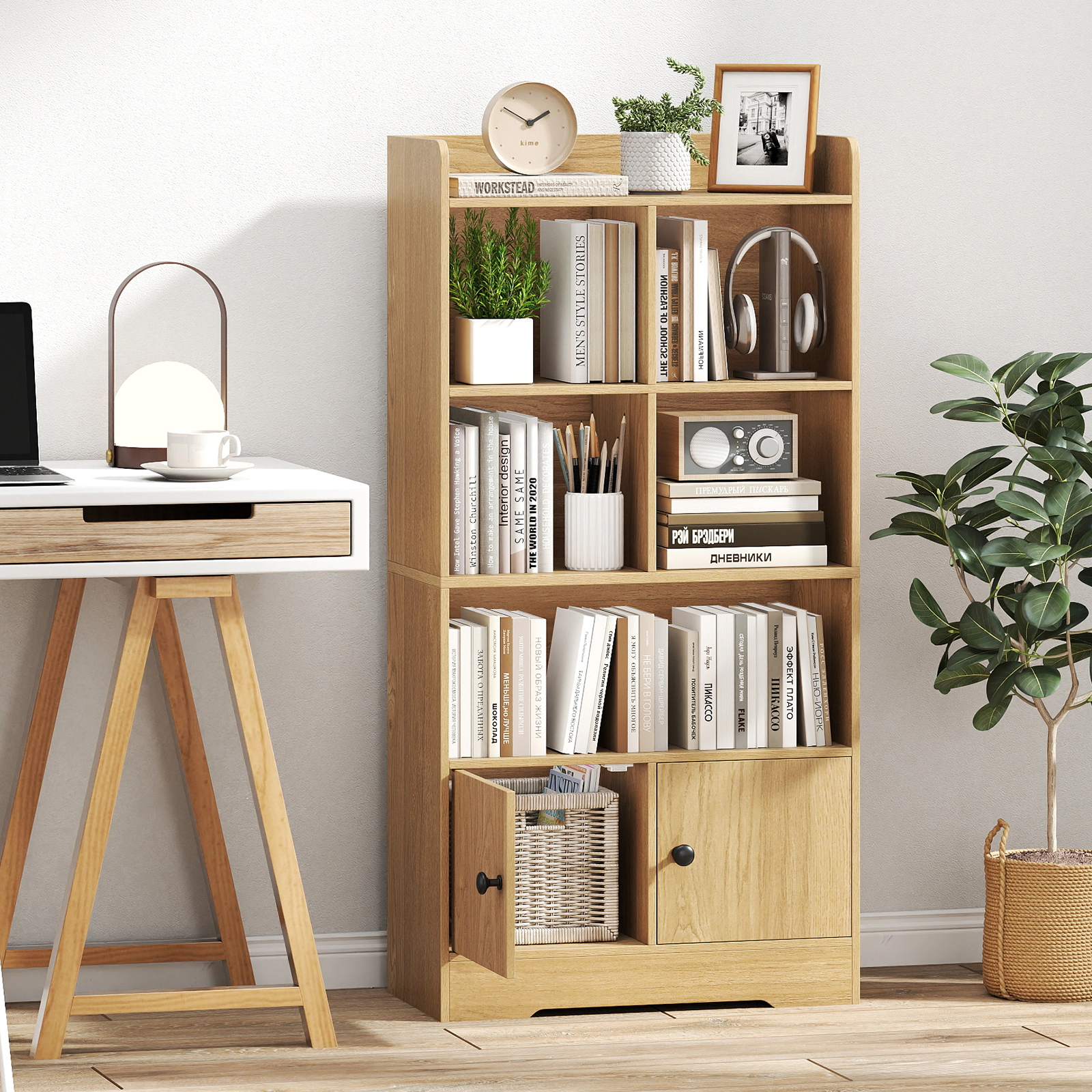 LJG 4 Tiers Bookshelf with Cubes Display Shelf and 2 Doors
