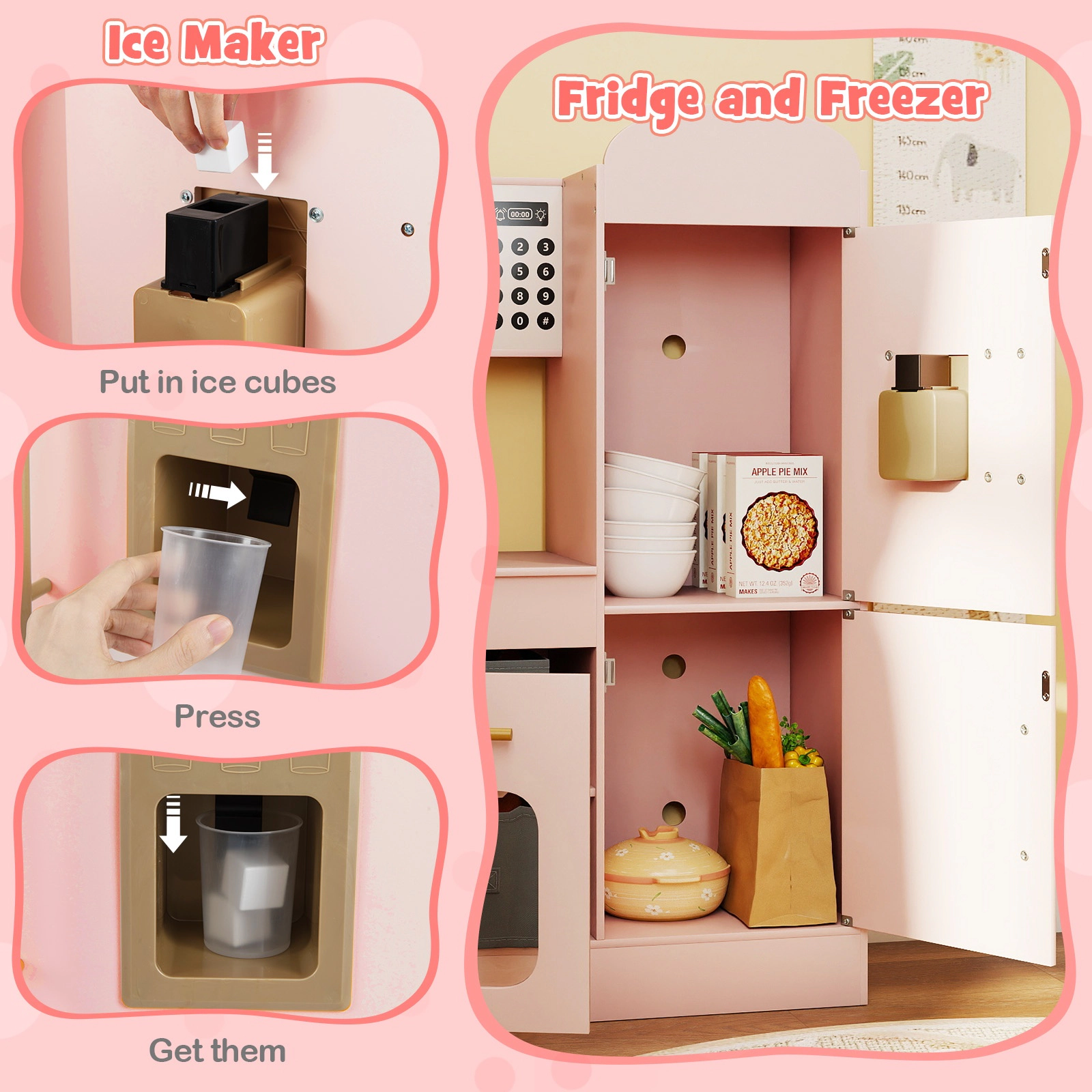 SUGIFT Kids Pink Corner Wooden Play Kitchen with Lights Sounds and Ice Maker 39.5-in W 40-in H Ages 3+