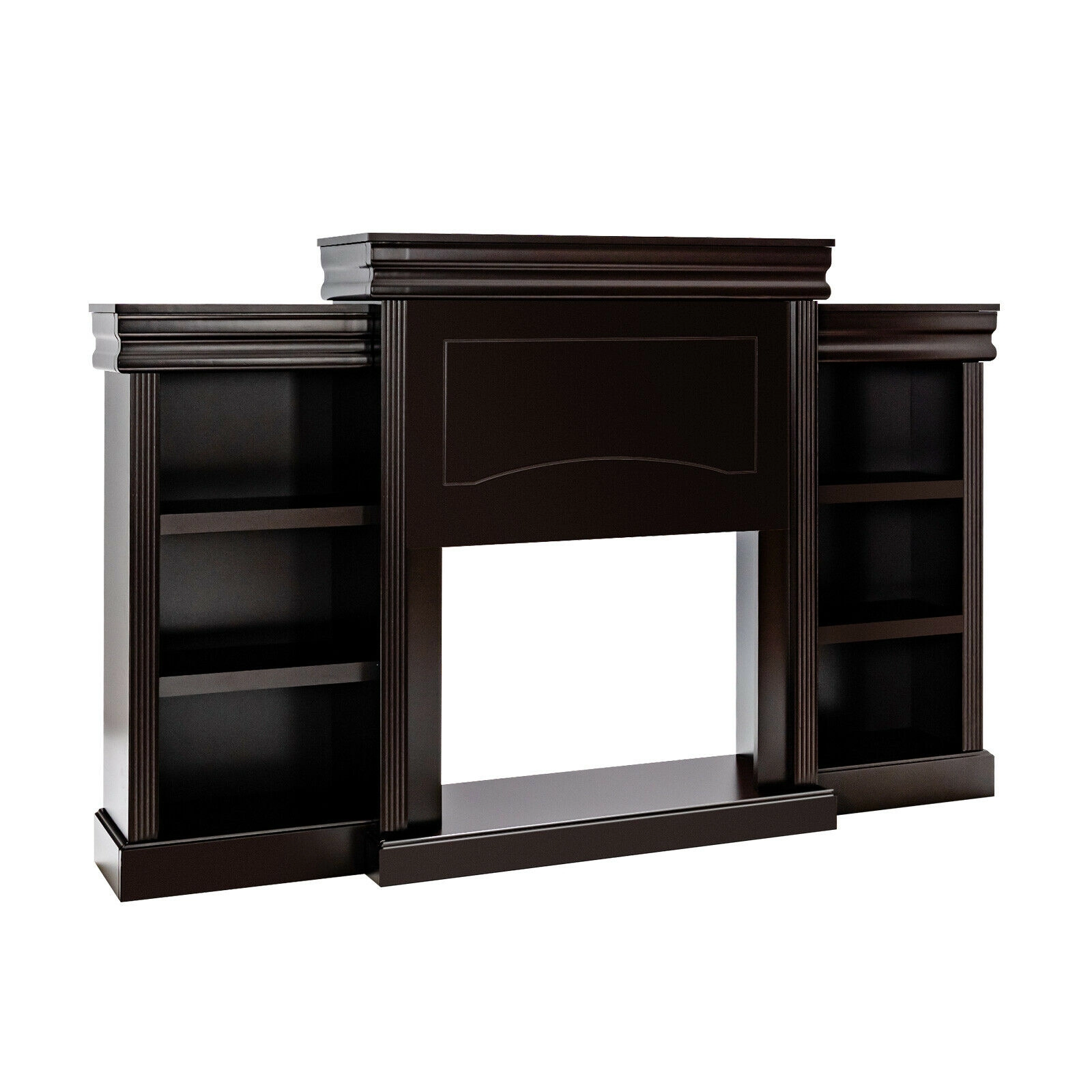 SUGIFT 70-Inch Brown TV Stand with Bookcase, 6 Open Shelves and 28.5-Inch Fireplace Opening