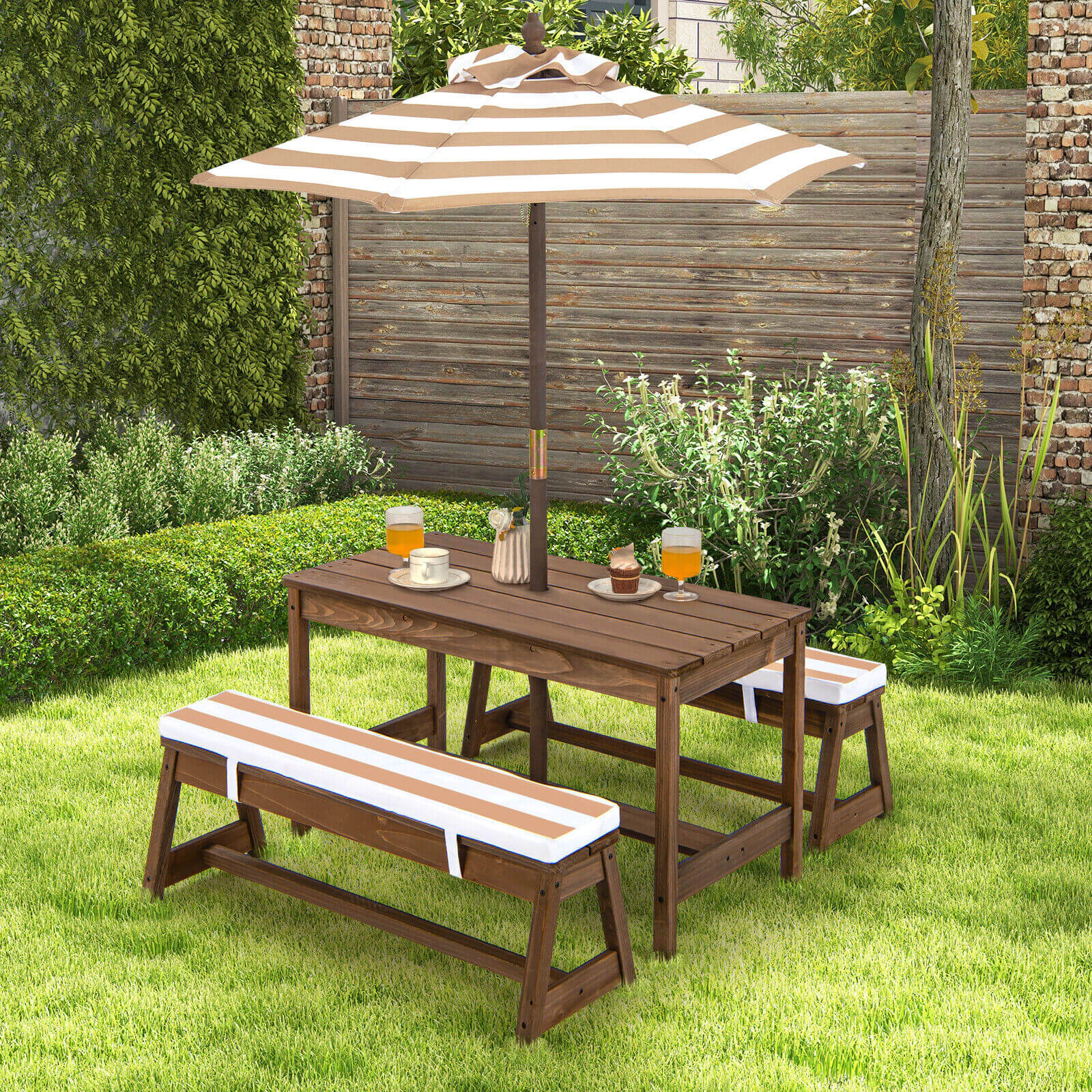 SUGIFT Brown Padded Cushions and Adjustable Umbrella Kids Fir Wood Picnic Table and Bench Set