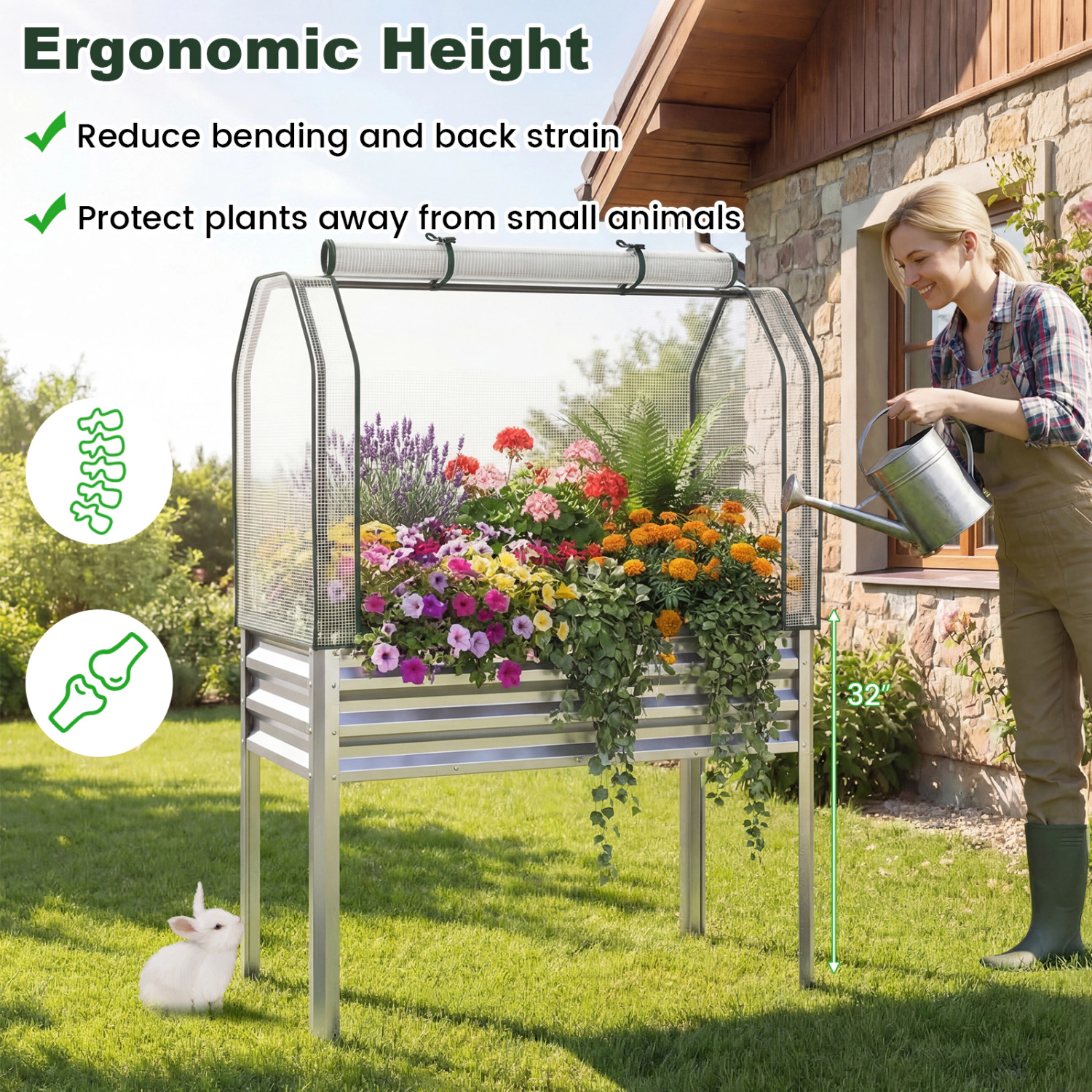 LJG 2 Pieces Galvanized Raised Garden Bed with Legs and Greenhouse Cover for Vegetable Flower