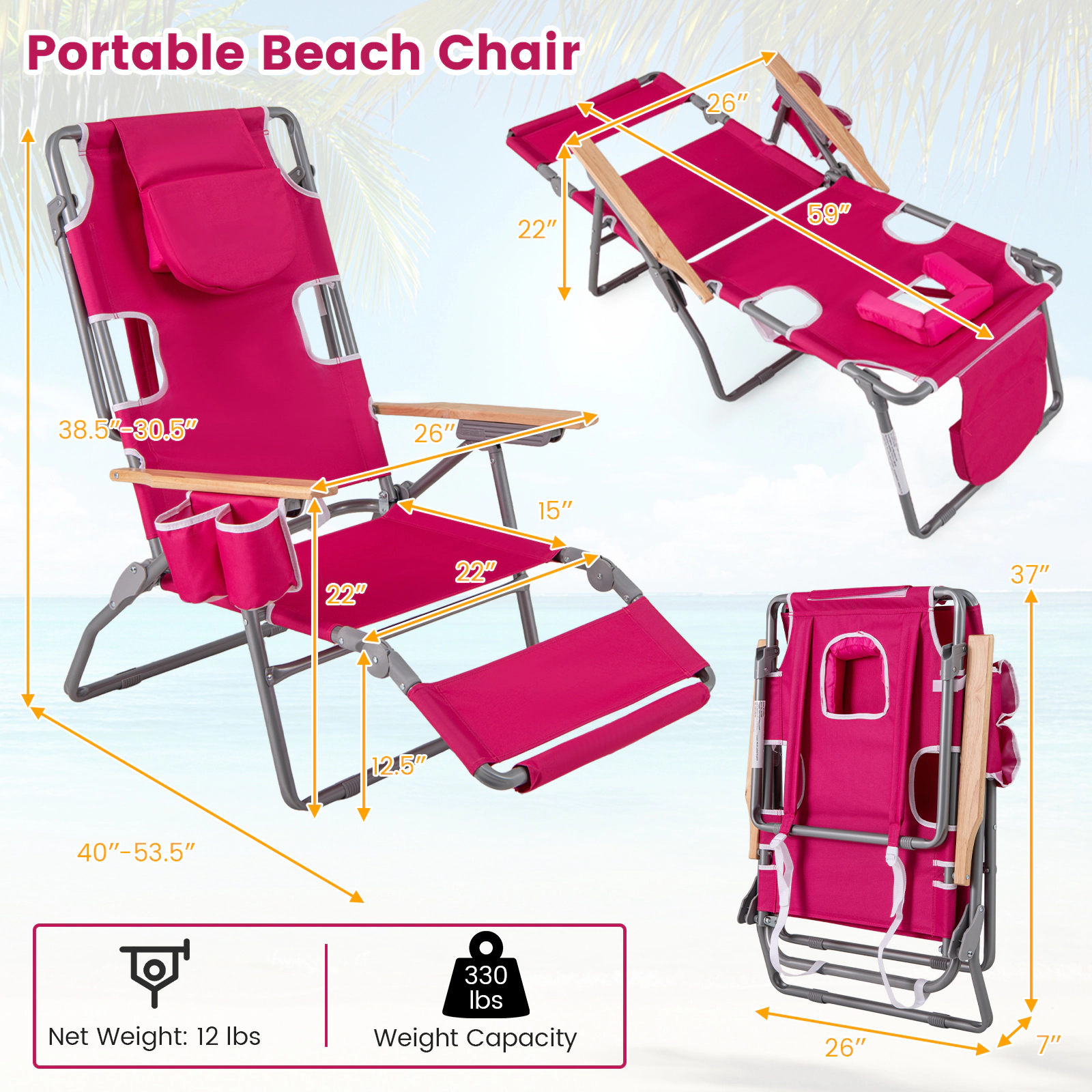 SUGIFT 3-in-1 Foldable Beach Chair Peach with Face Hole Footrest and Adjustable Backrest