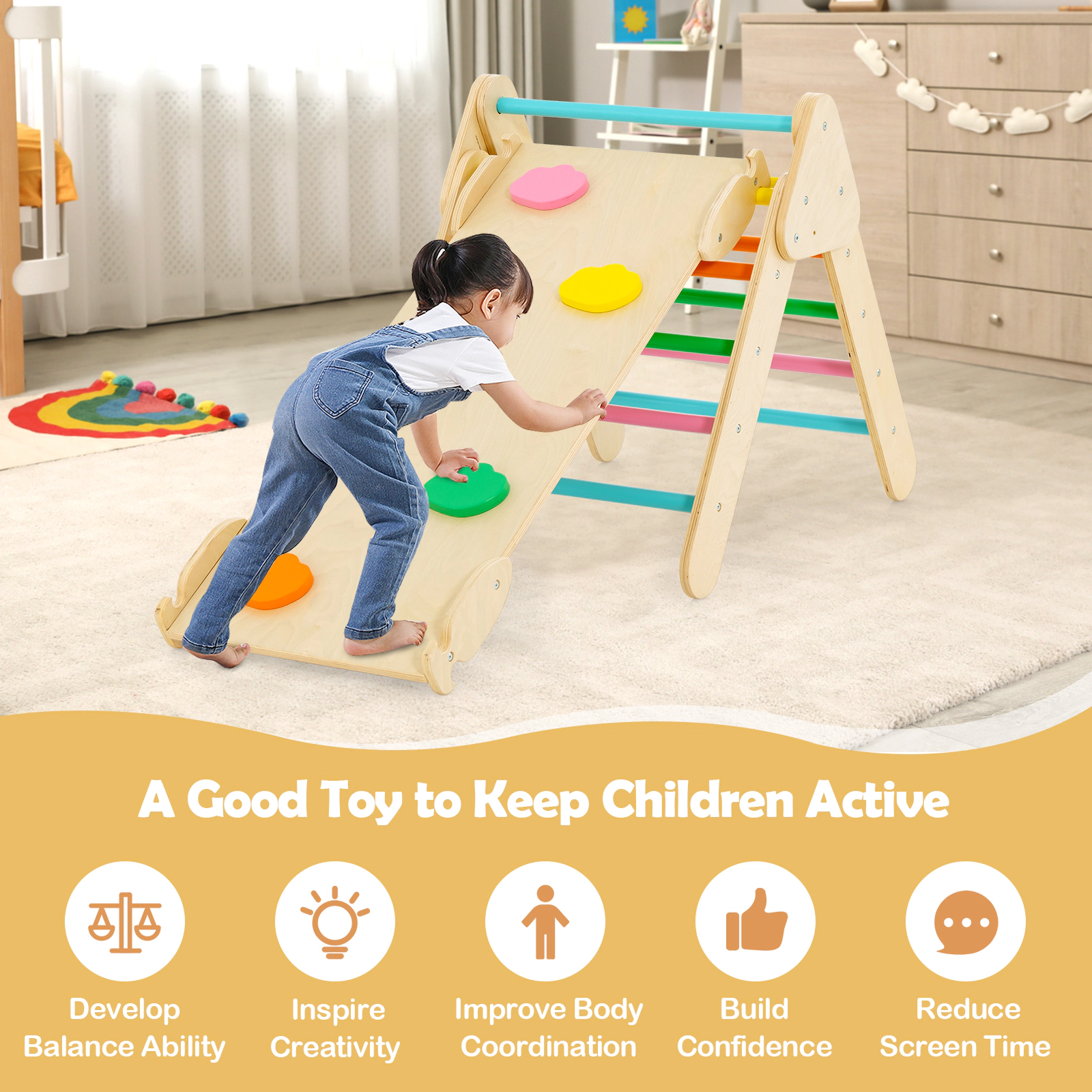 SUGIFT Multicolor Triangle Arch and Reversible Ramp 5-in-1 Wooden Kids Climber Set